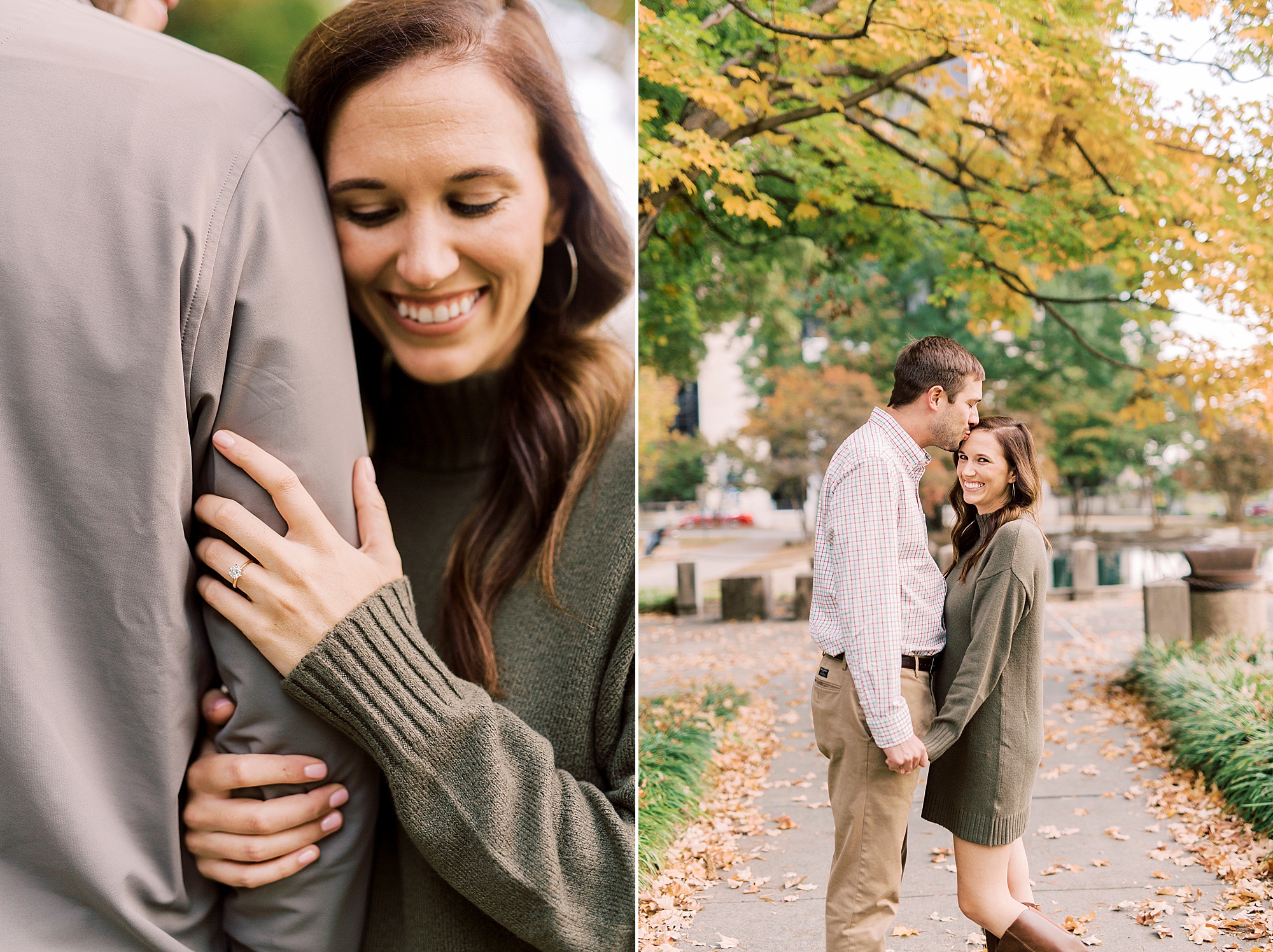 woman leans on groom's arm during Marshall Park engagement session