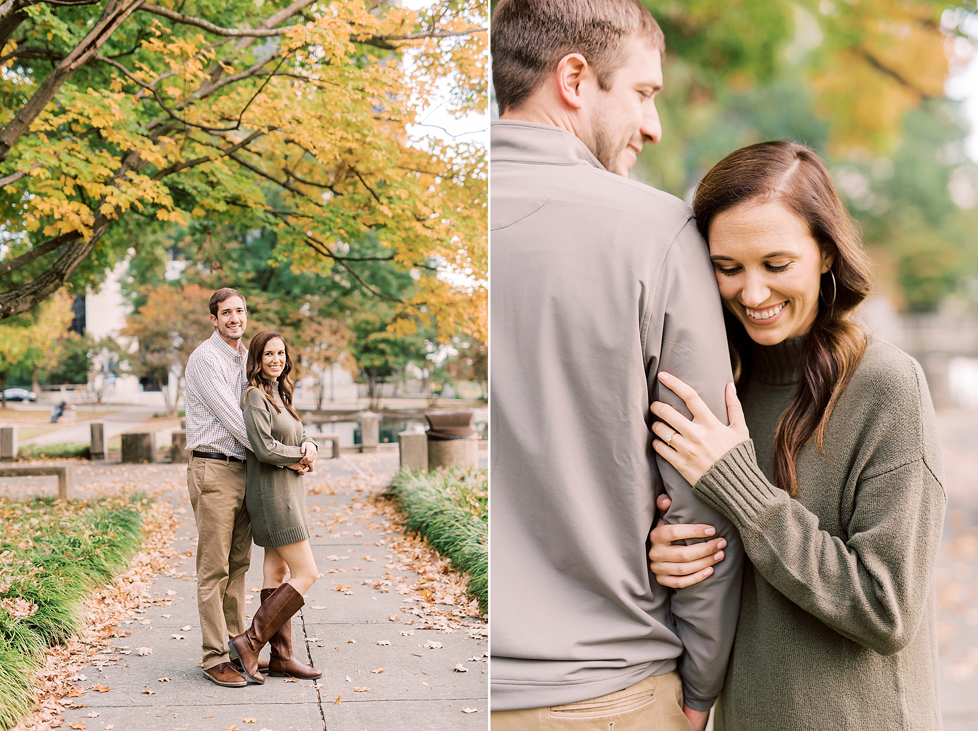 couple hugs in park during engagement session