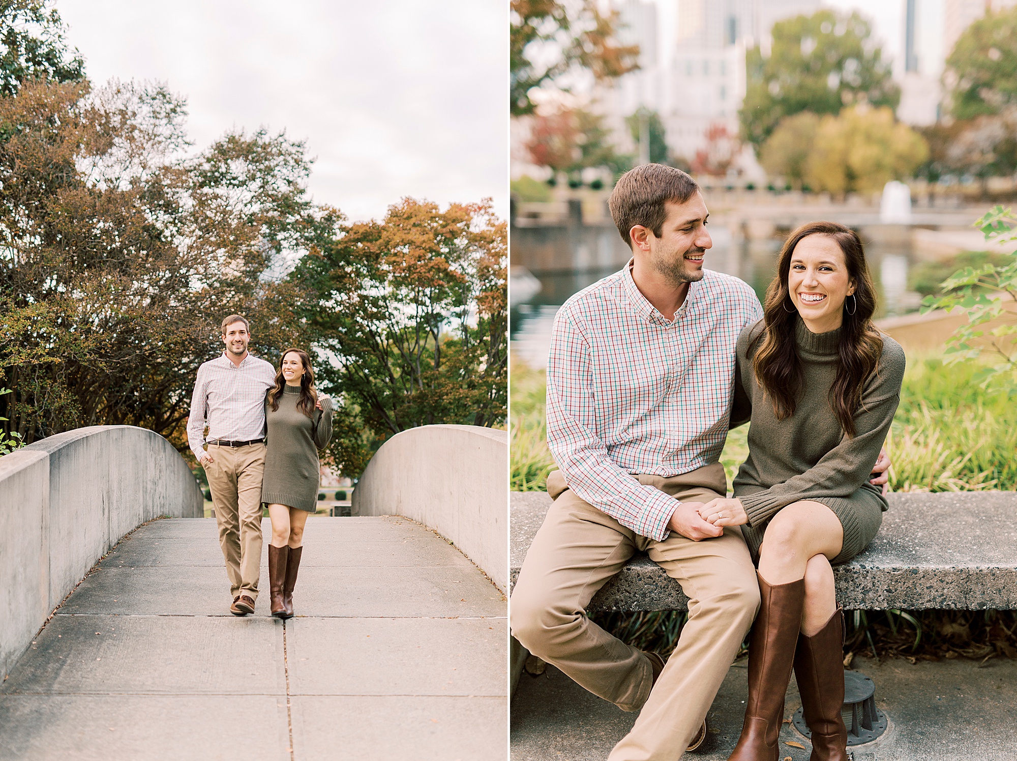 engaged couple sits on bench during Marshall Park engagement session