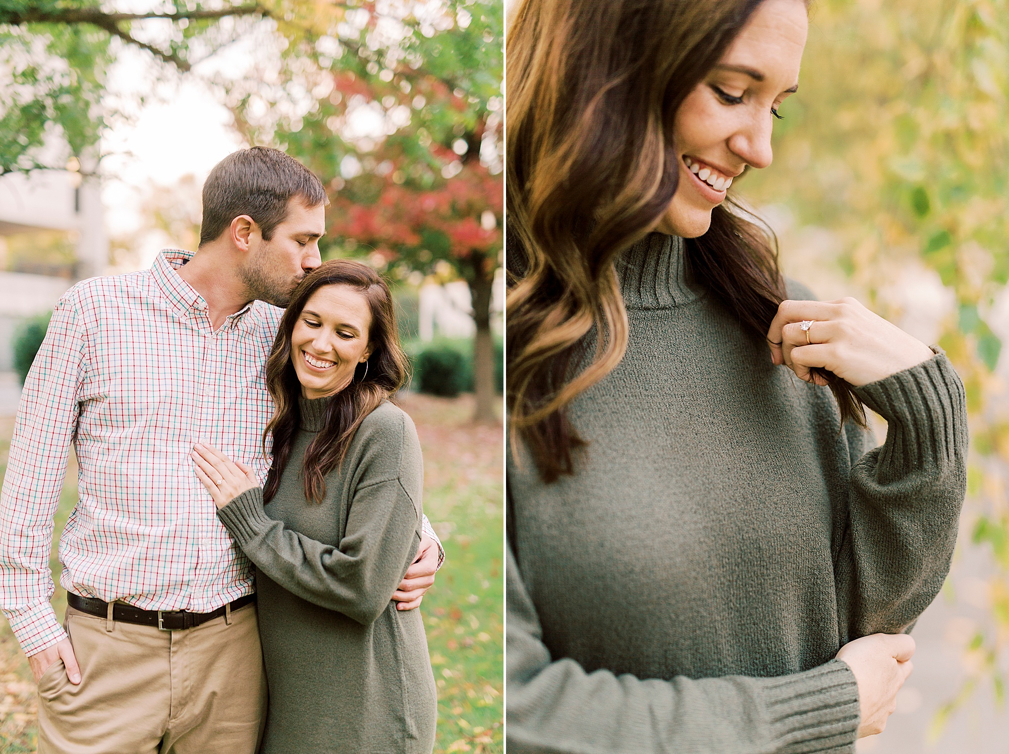 woman holds hair showing off engagement ring during NC engagement session