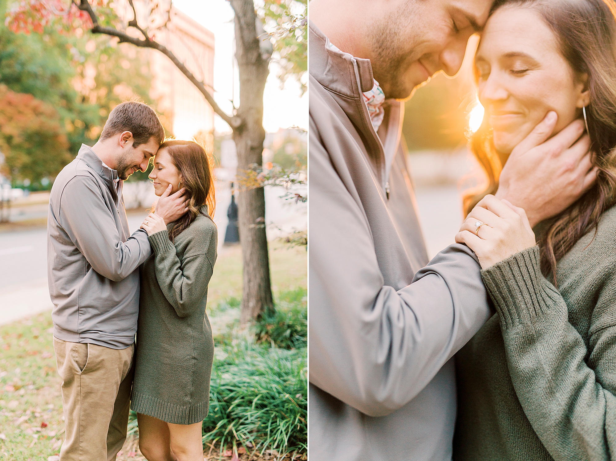woman holds man's hands against cheeks during sunset Marshall Park engagement session