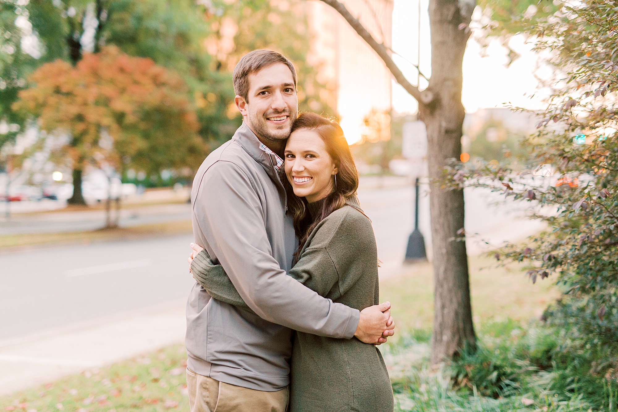 bride and groom to be hug during NC engagement session