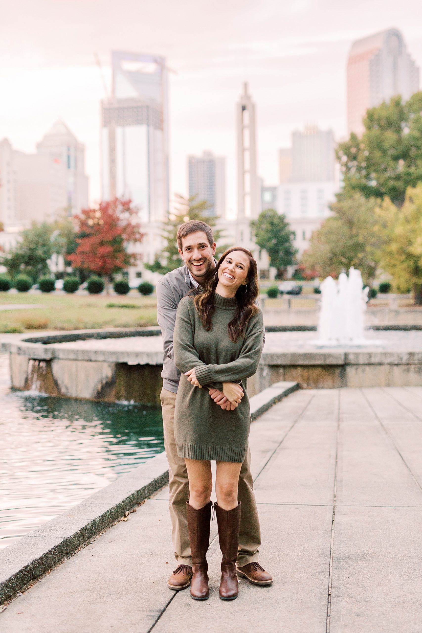 bride and groom hug during Marshall Park engagement session