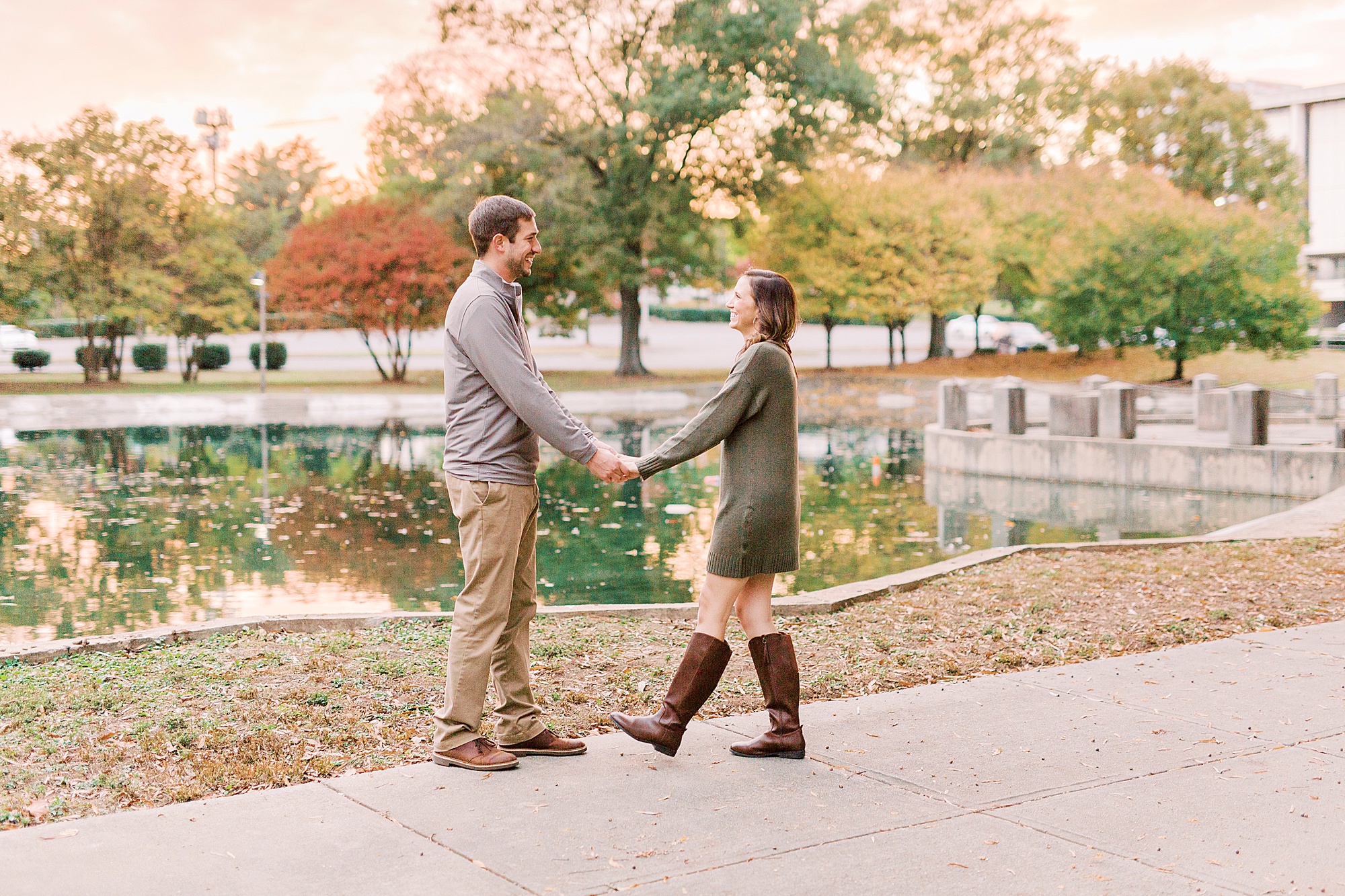 bride and groom walk together during Marshall Park engagement session