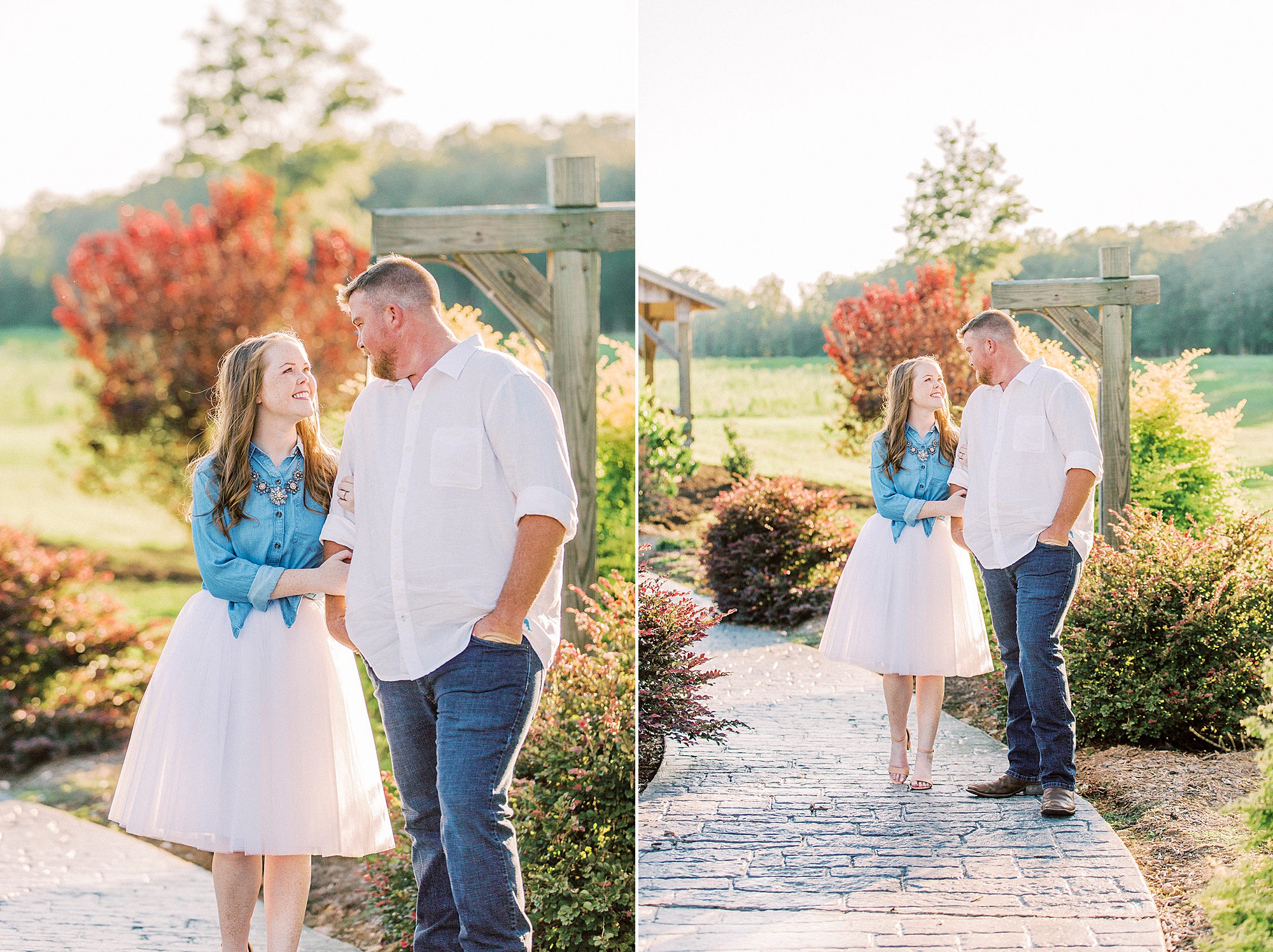 bride and room smile during fall Sunset Farm engagement session