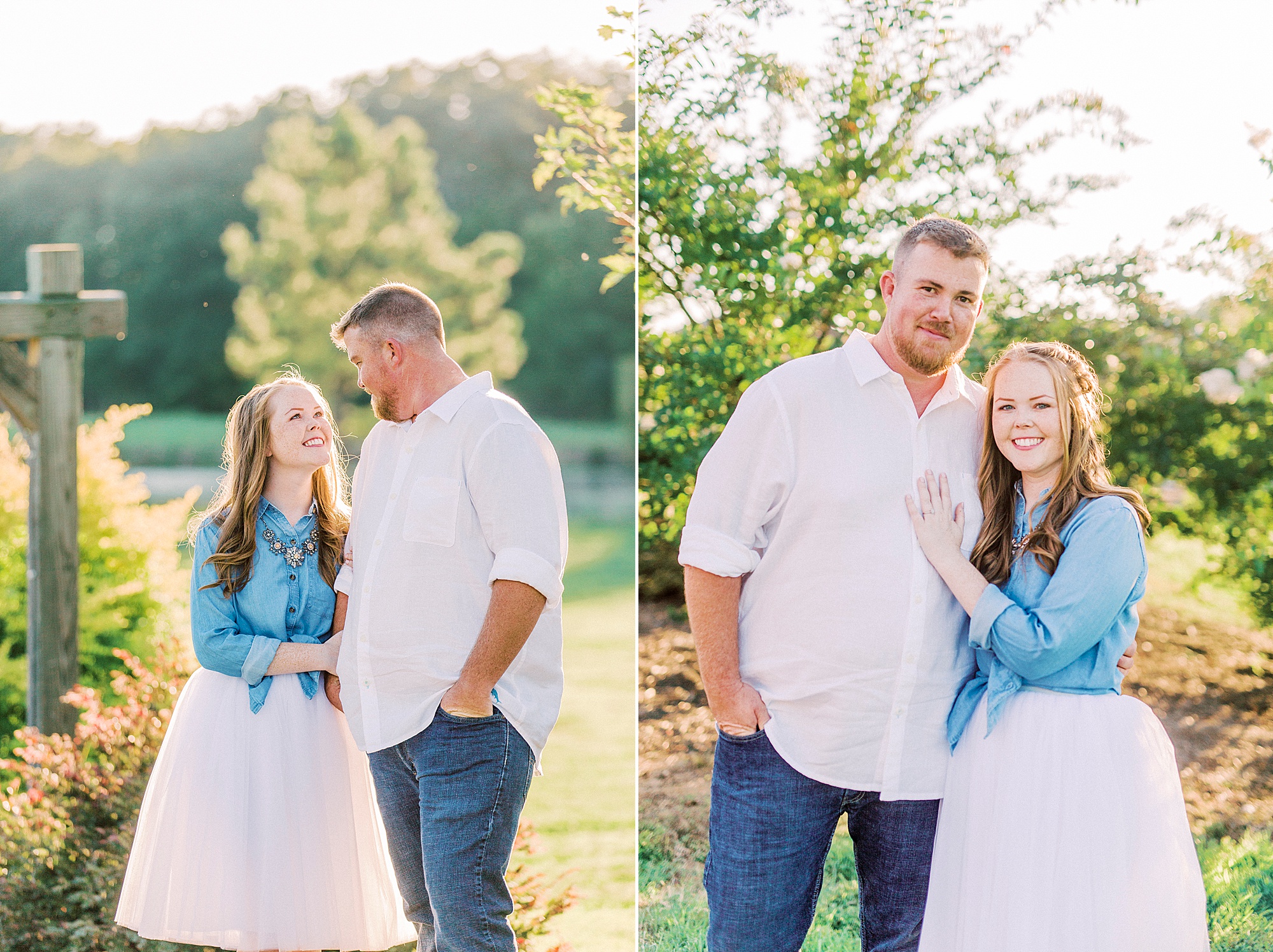 bride and groom hug near field at Sunset Farm engagement session
