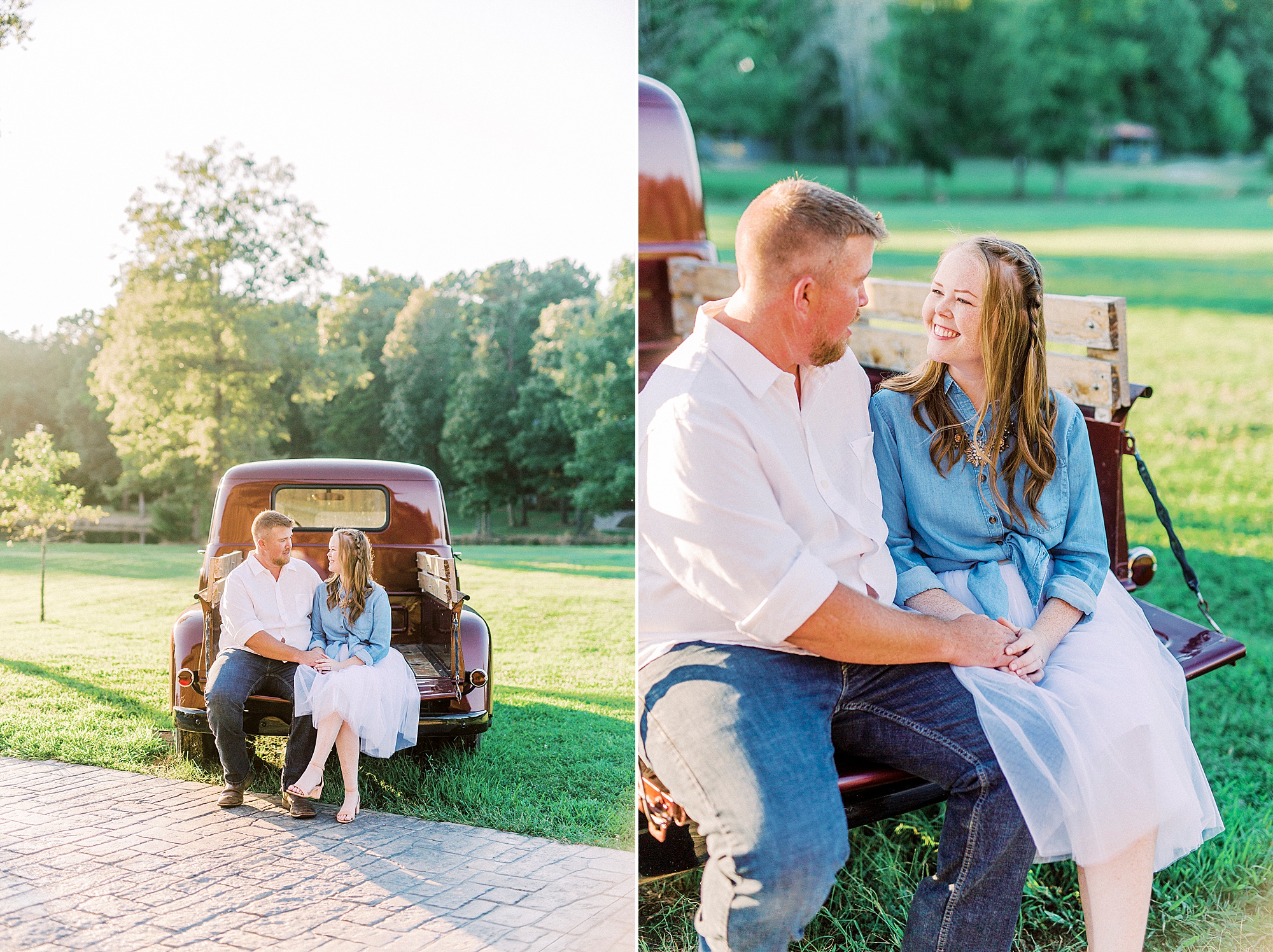Sunset Farm engagement session for couple sitting on vintage red truck
