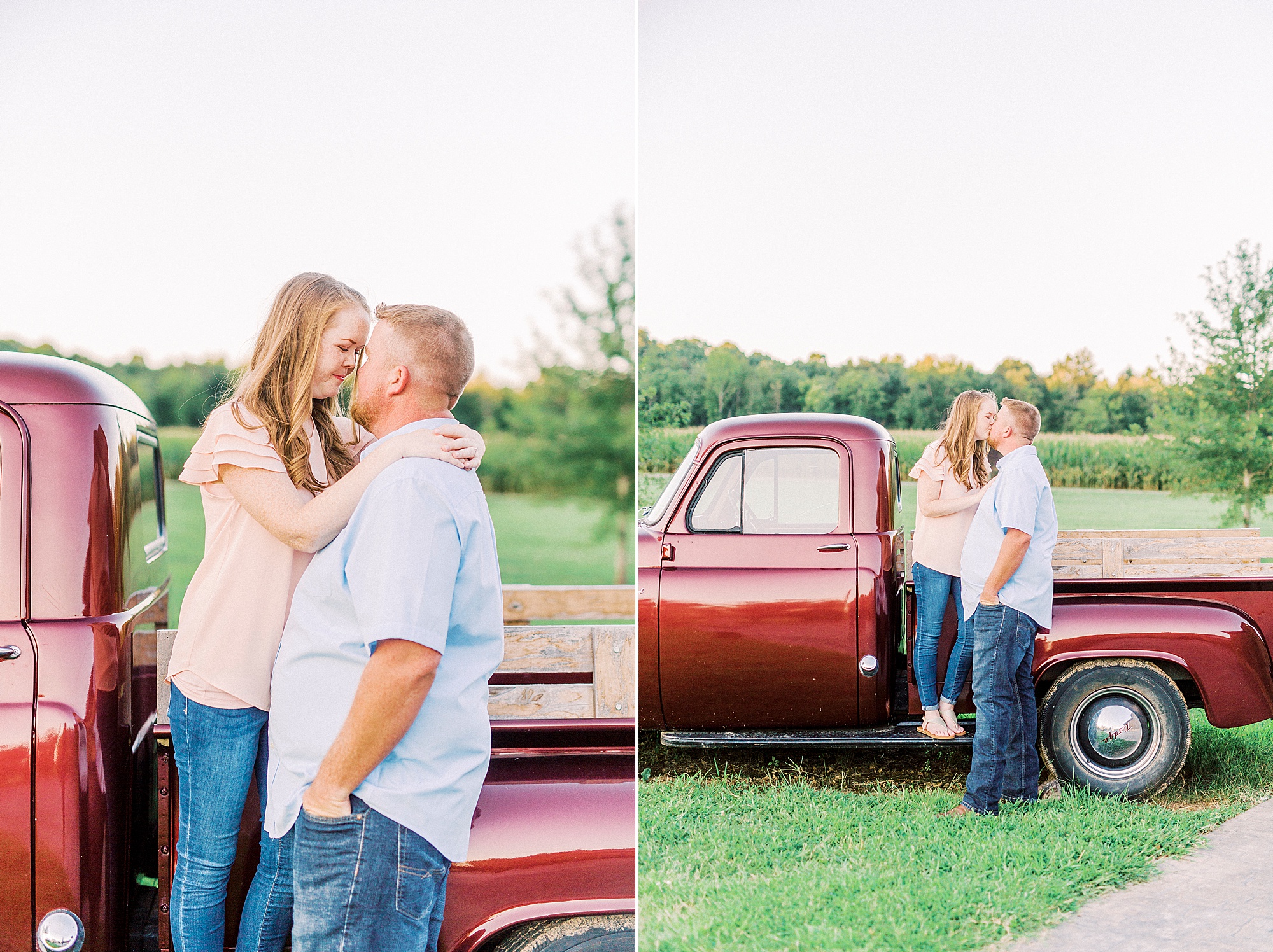 engaged couple hugs by vintage red truck at Sunset Farm engagement session