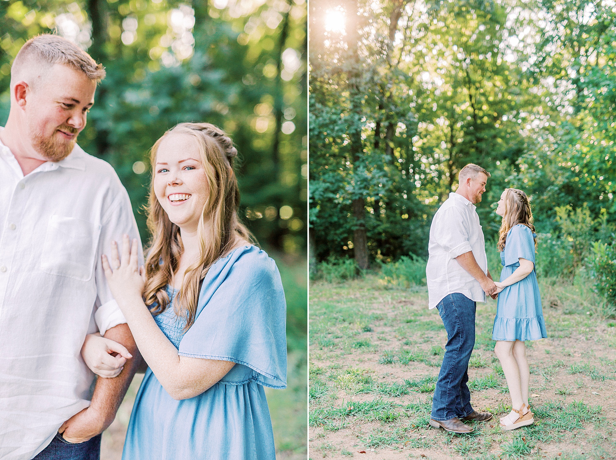 couple laughs together during Sunset Farm engagement session