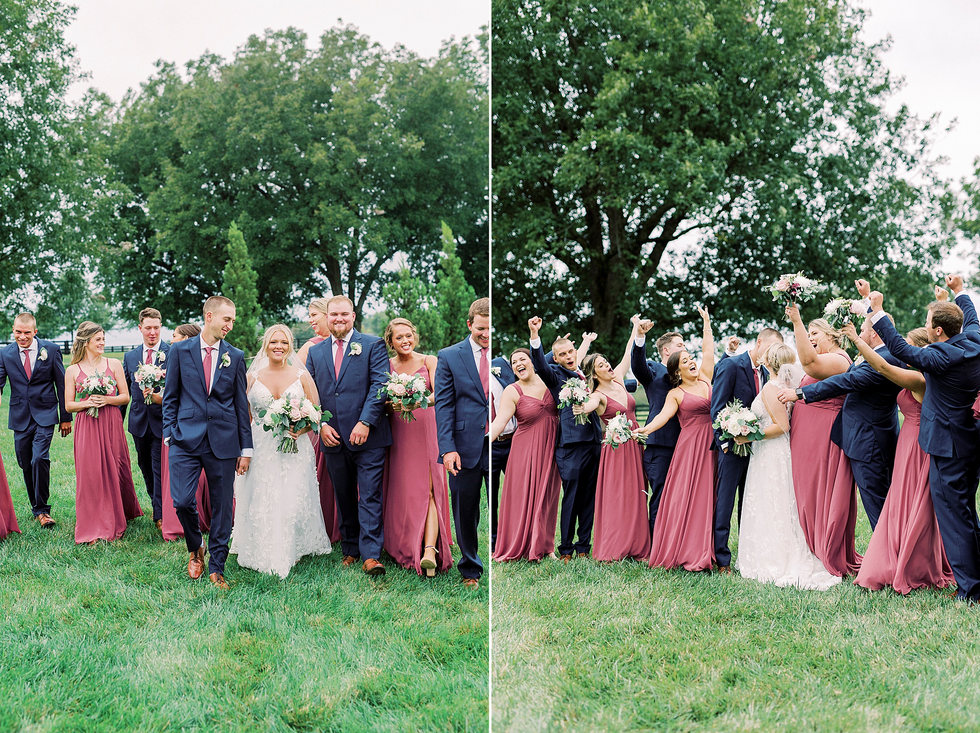 wedding party cheers while bride and groom kiss