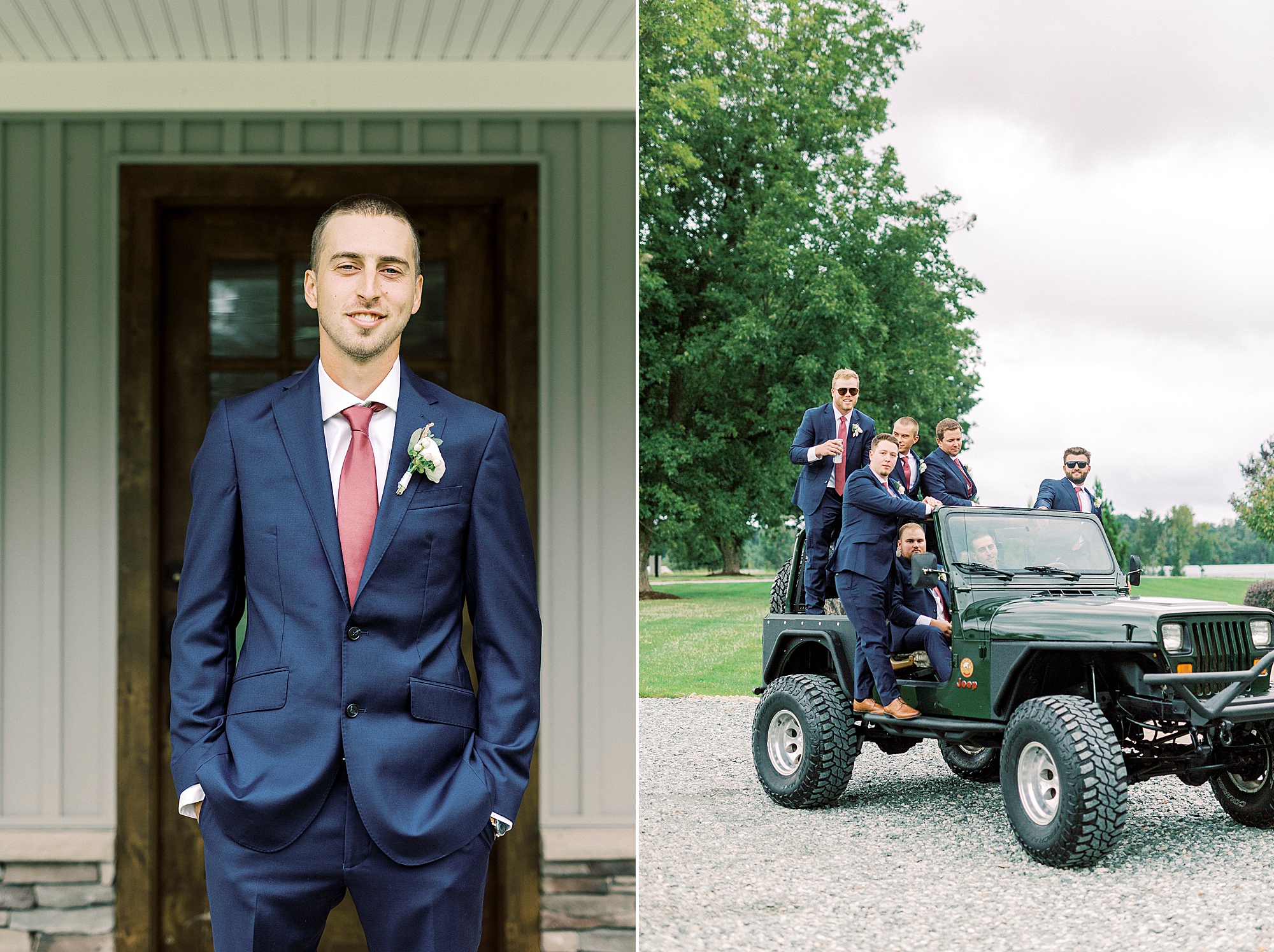 groom poses with groomsmen in jeep on wedding day