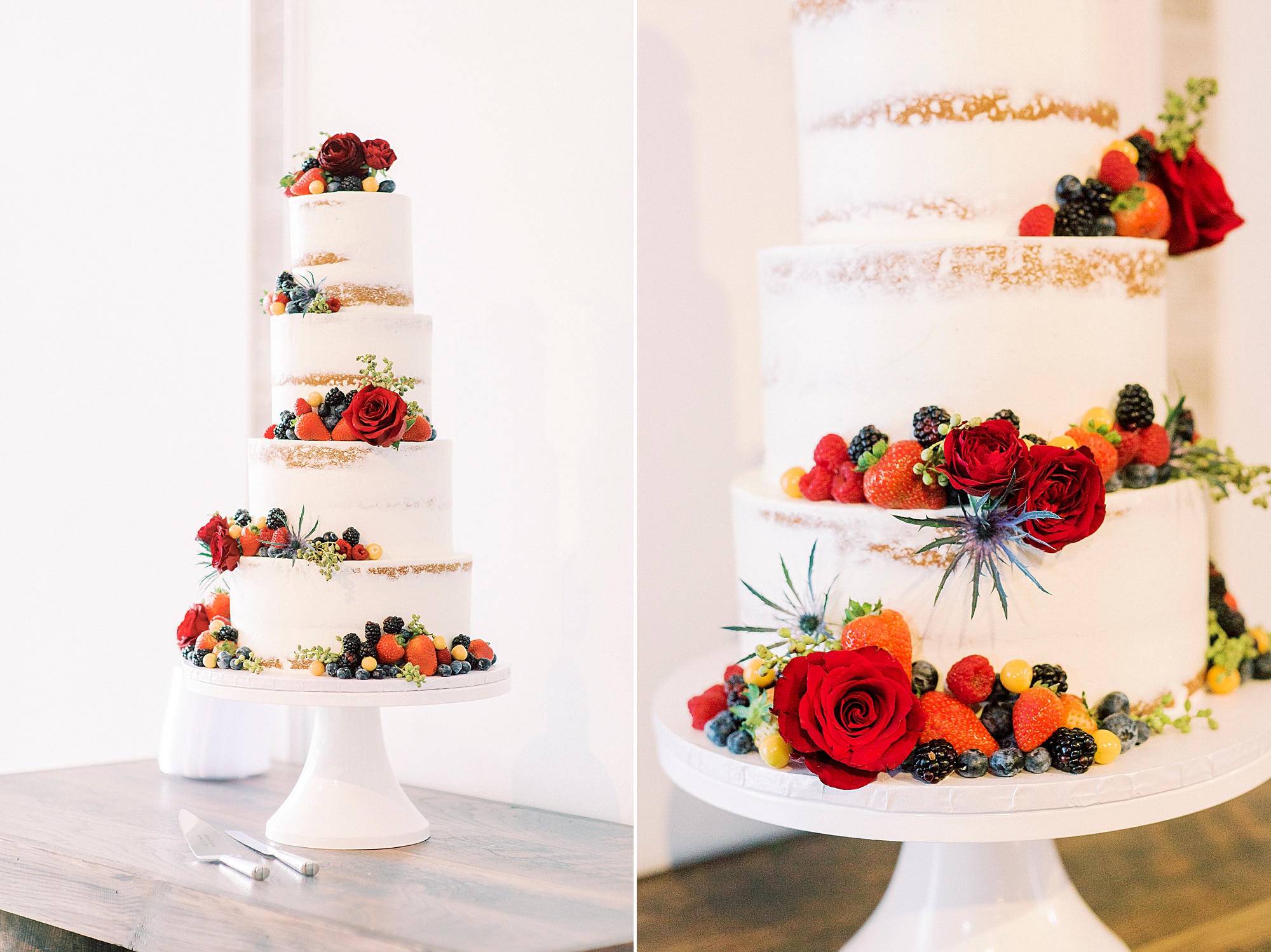 naked wedding cake with fruit accents