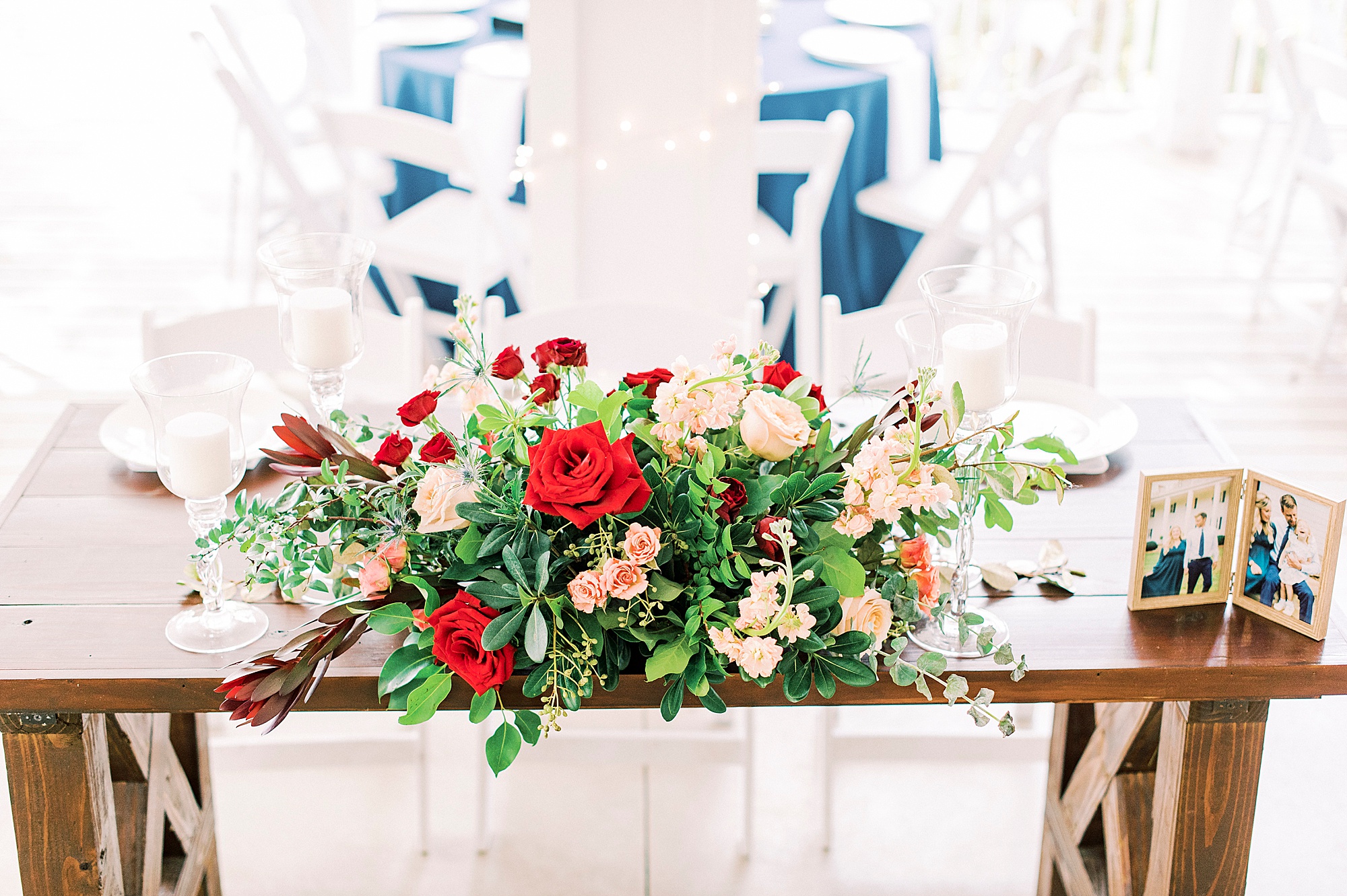 floral display on sweetheart table for NC wedding reception