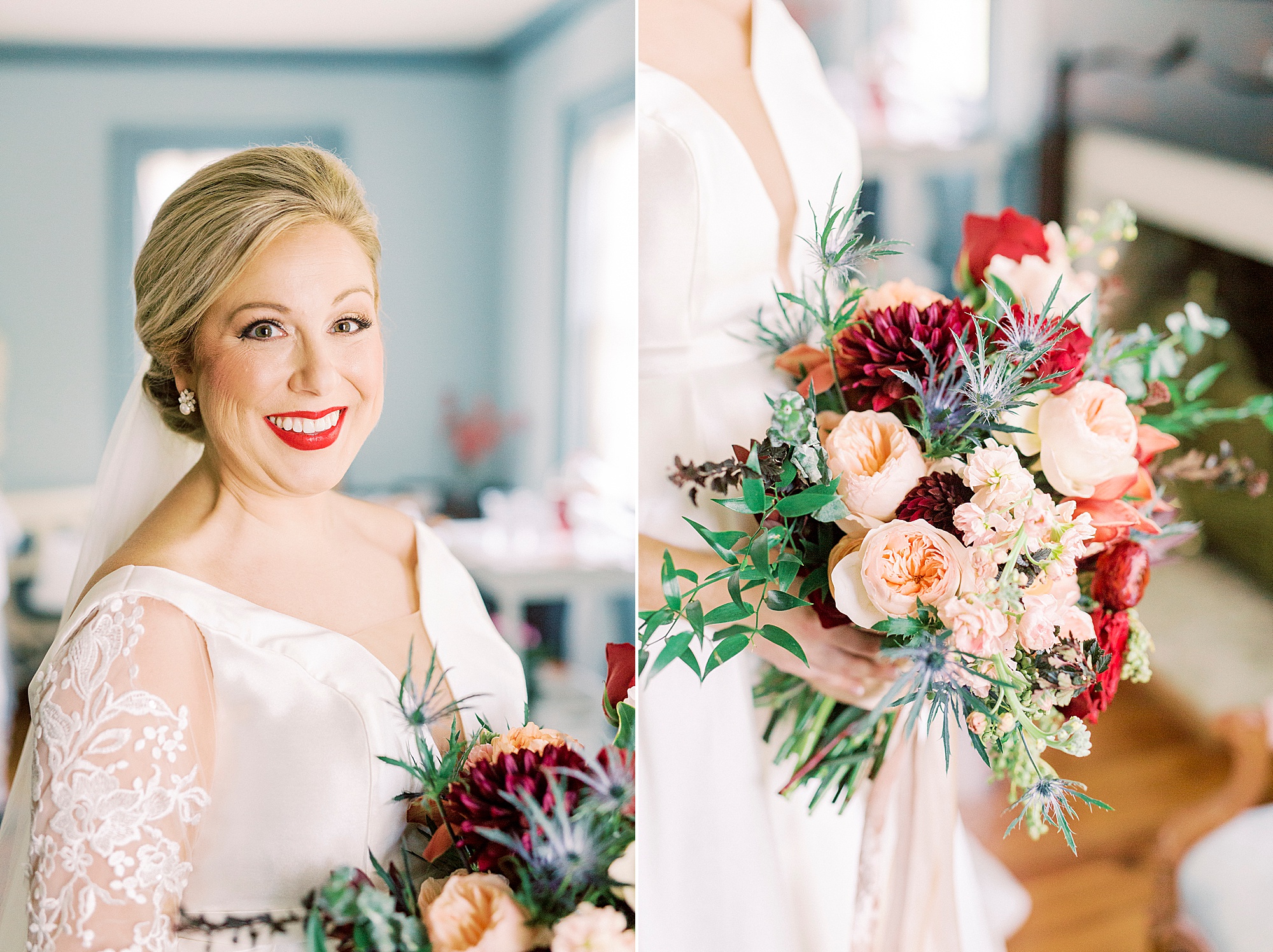 bride holds bouquet of peach and red flowers for fall Vesuvius Vineyards wedding