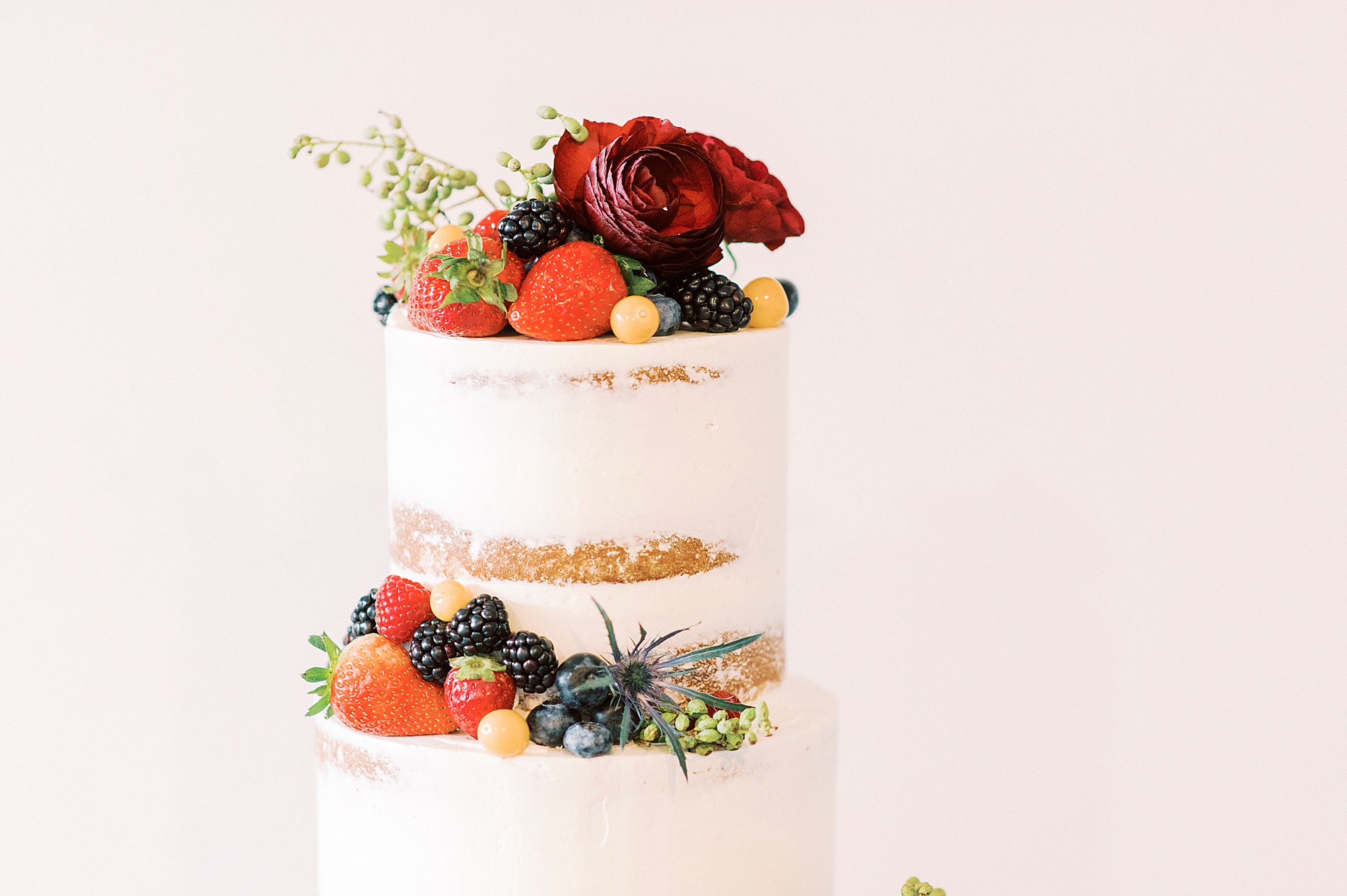 naked wedding cake with fruit on top for NC wedding reception