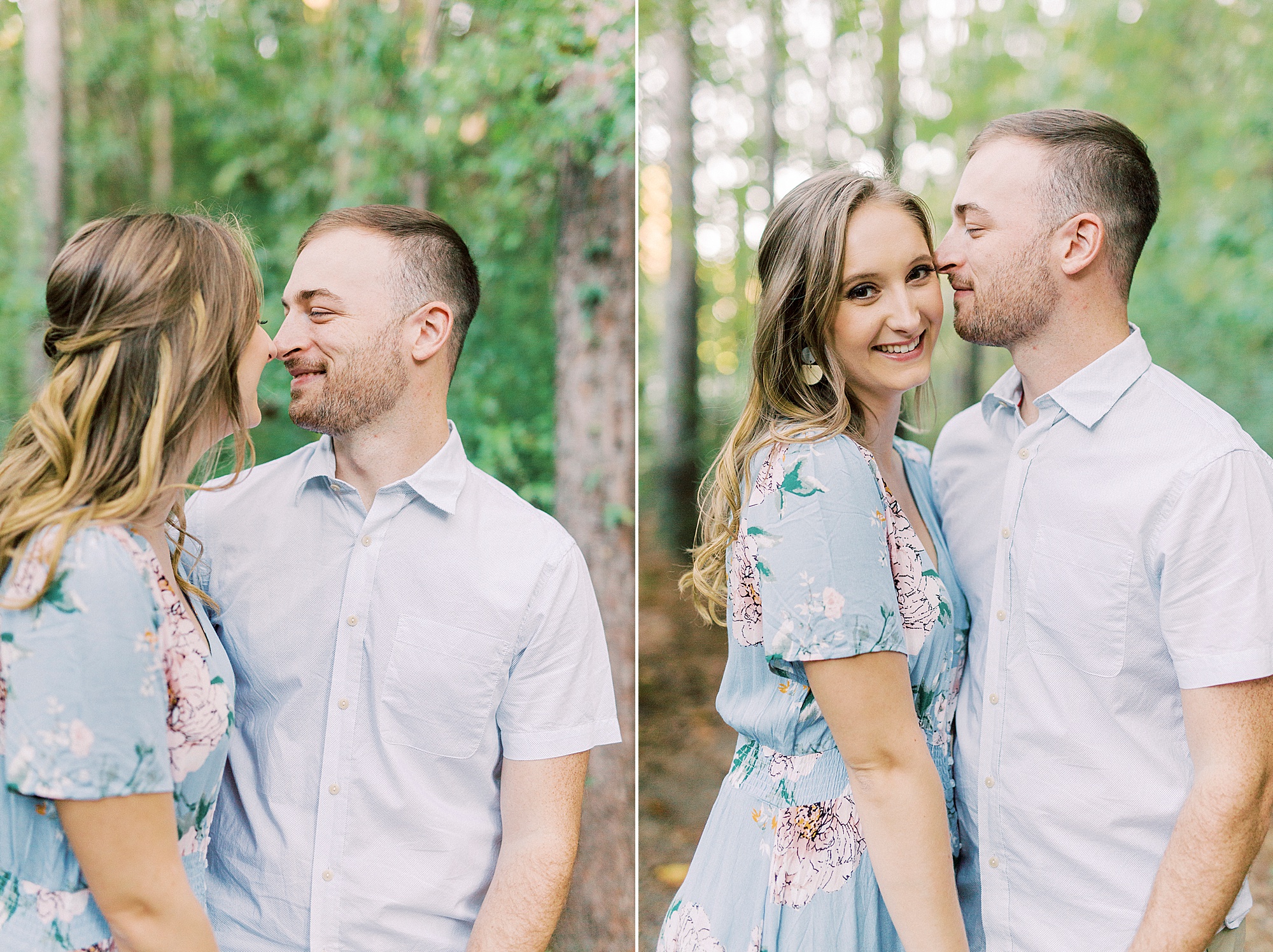 bride and groom smile together during engagement session at Whitewater Center