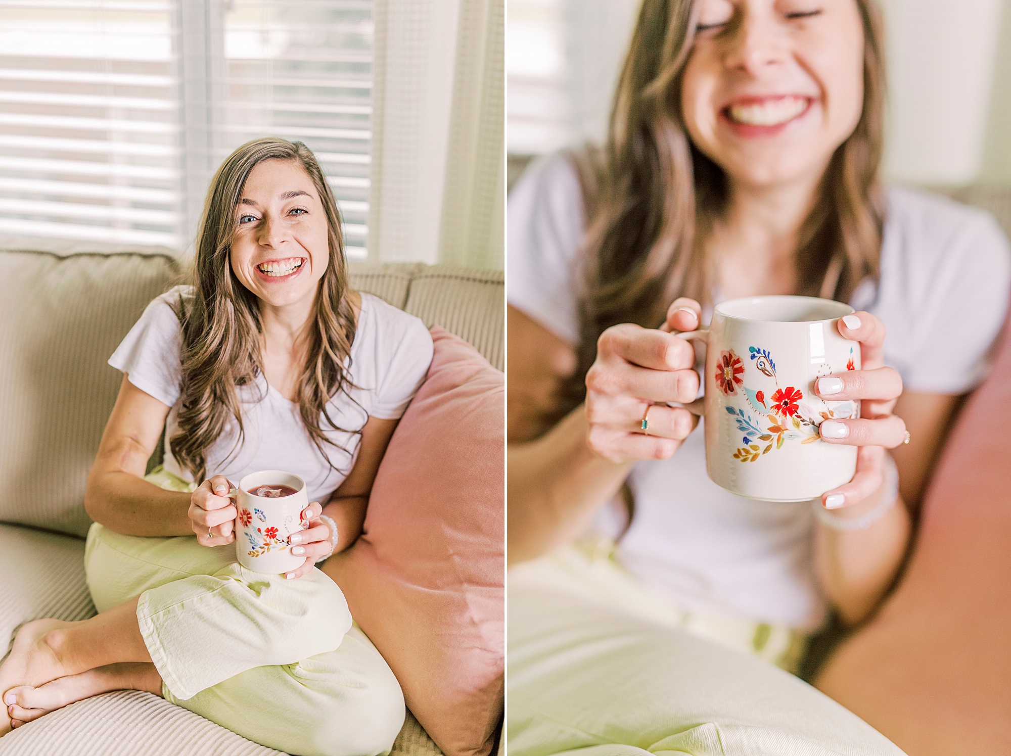 woman cuddles on couch with coffee mug in Charlotte NC