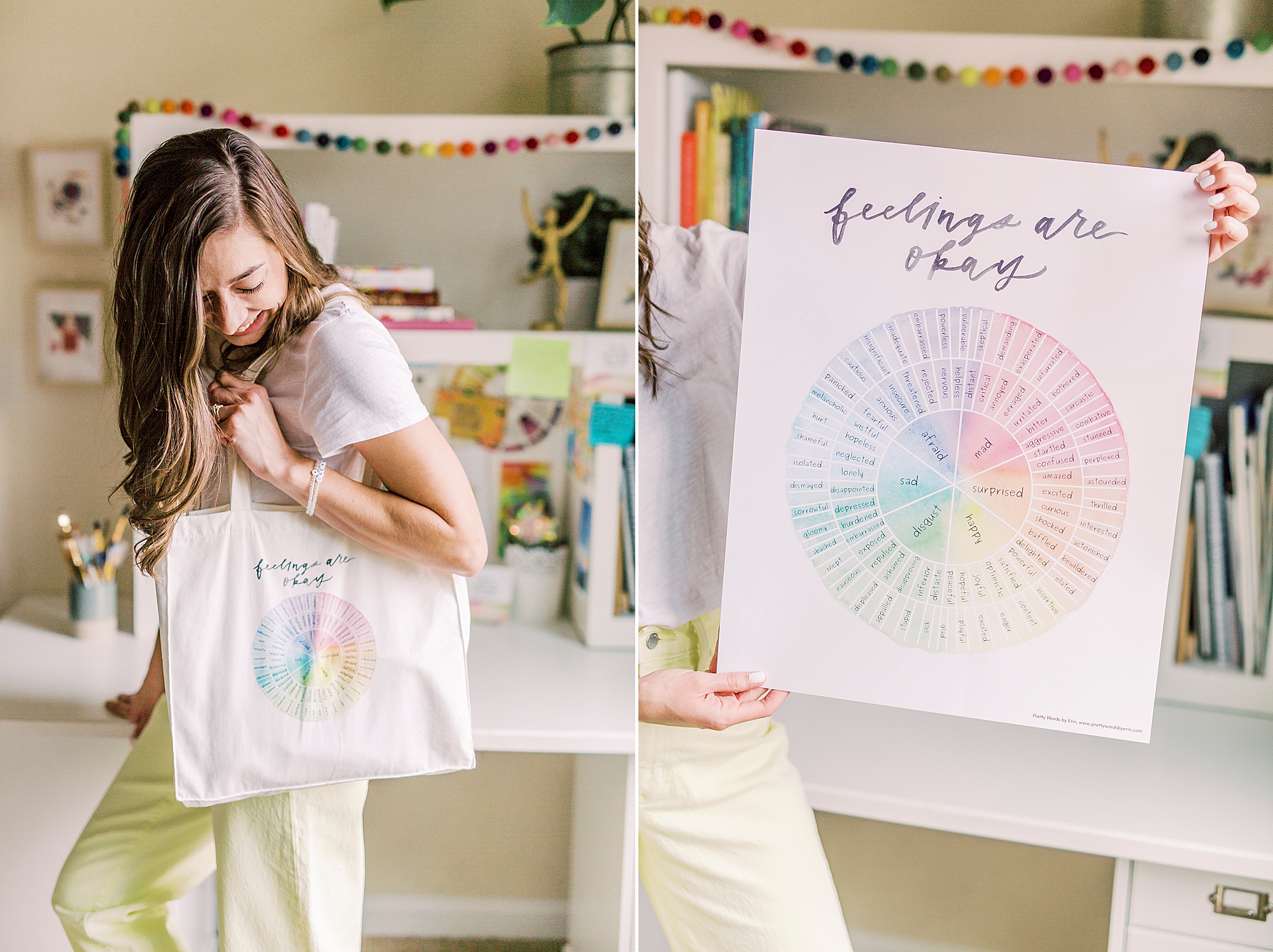 woman holds bag with color wheel on it during Charlotte branding session