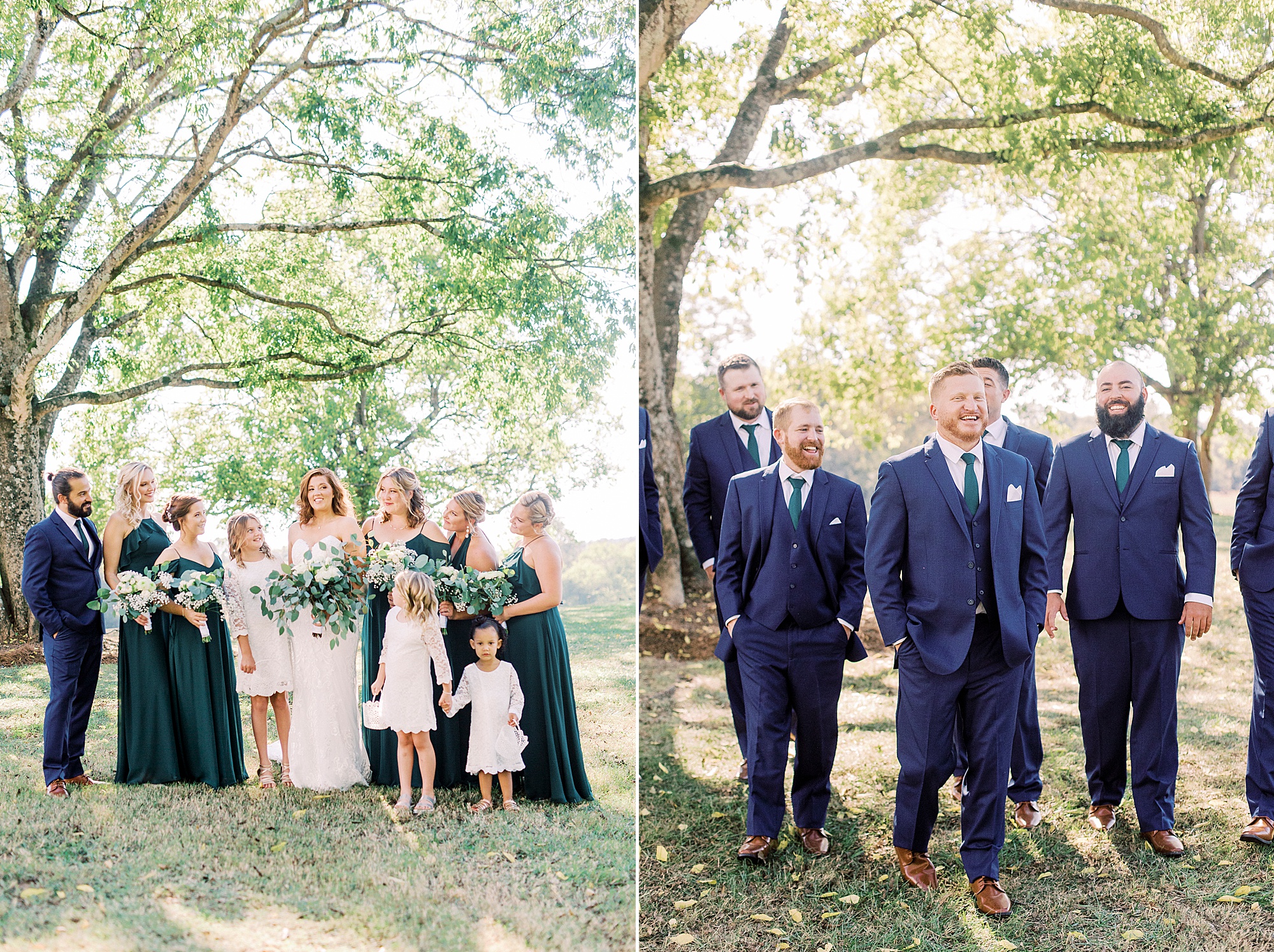 wedding party poses under trees at The Dairy Barn
