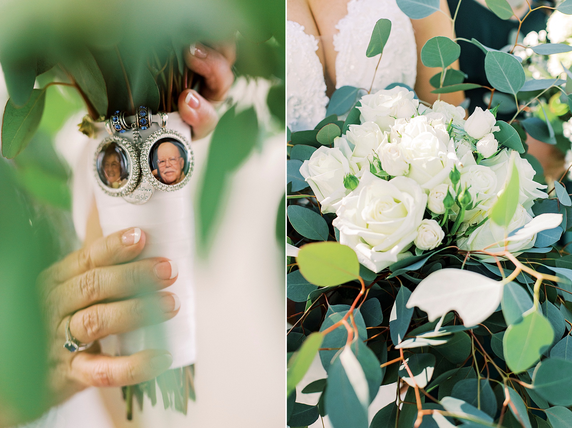 memory charms on bride's bouquet