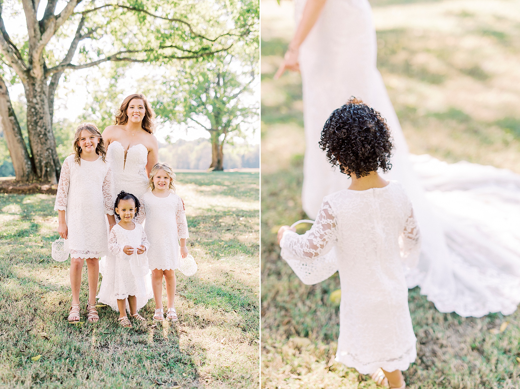 bride poses with flower girls in white dresses