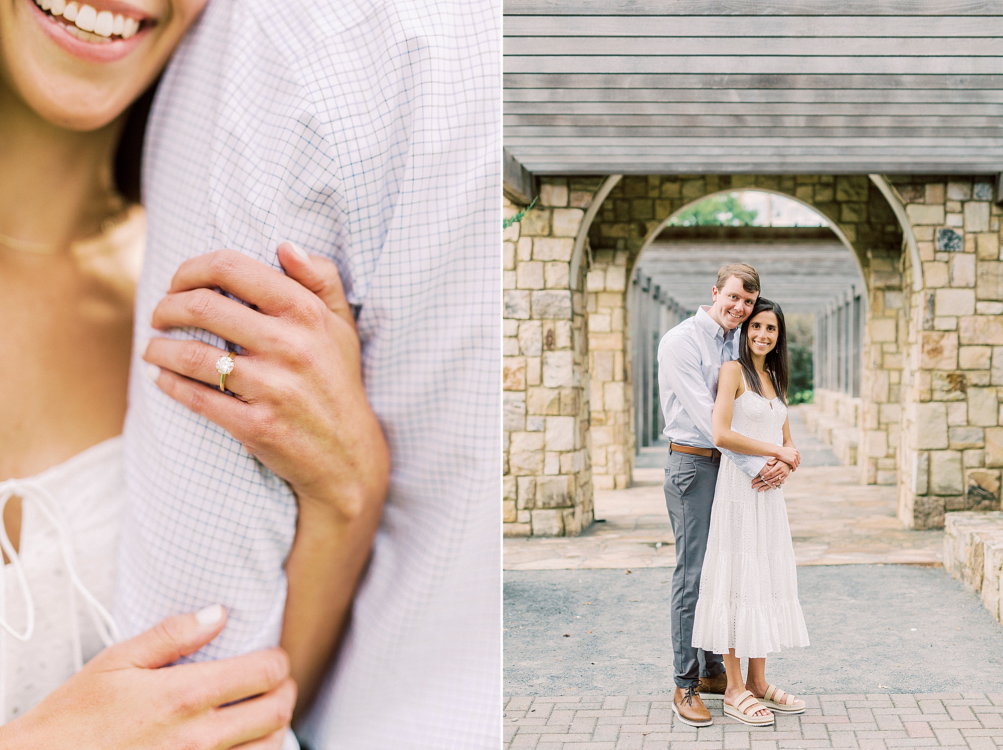 bride holds fiancee's arm during Midtown Park engagement session