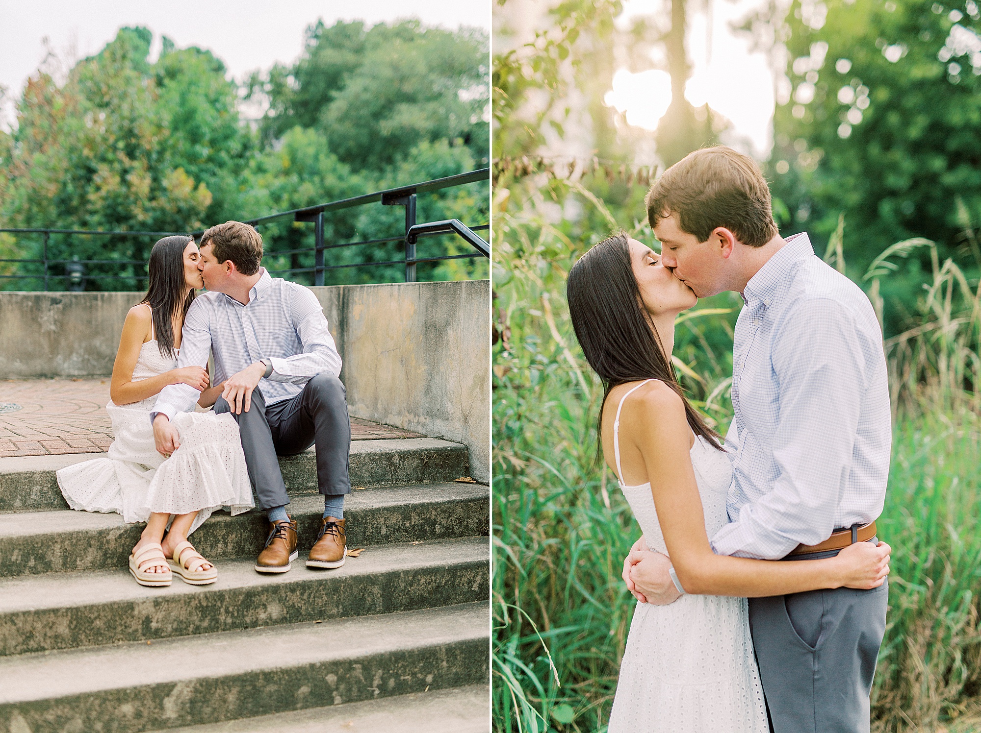bride and groom kiss during sunset Midtown Park engagement session