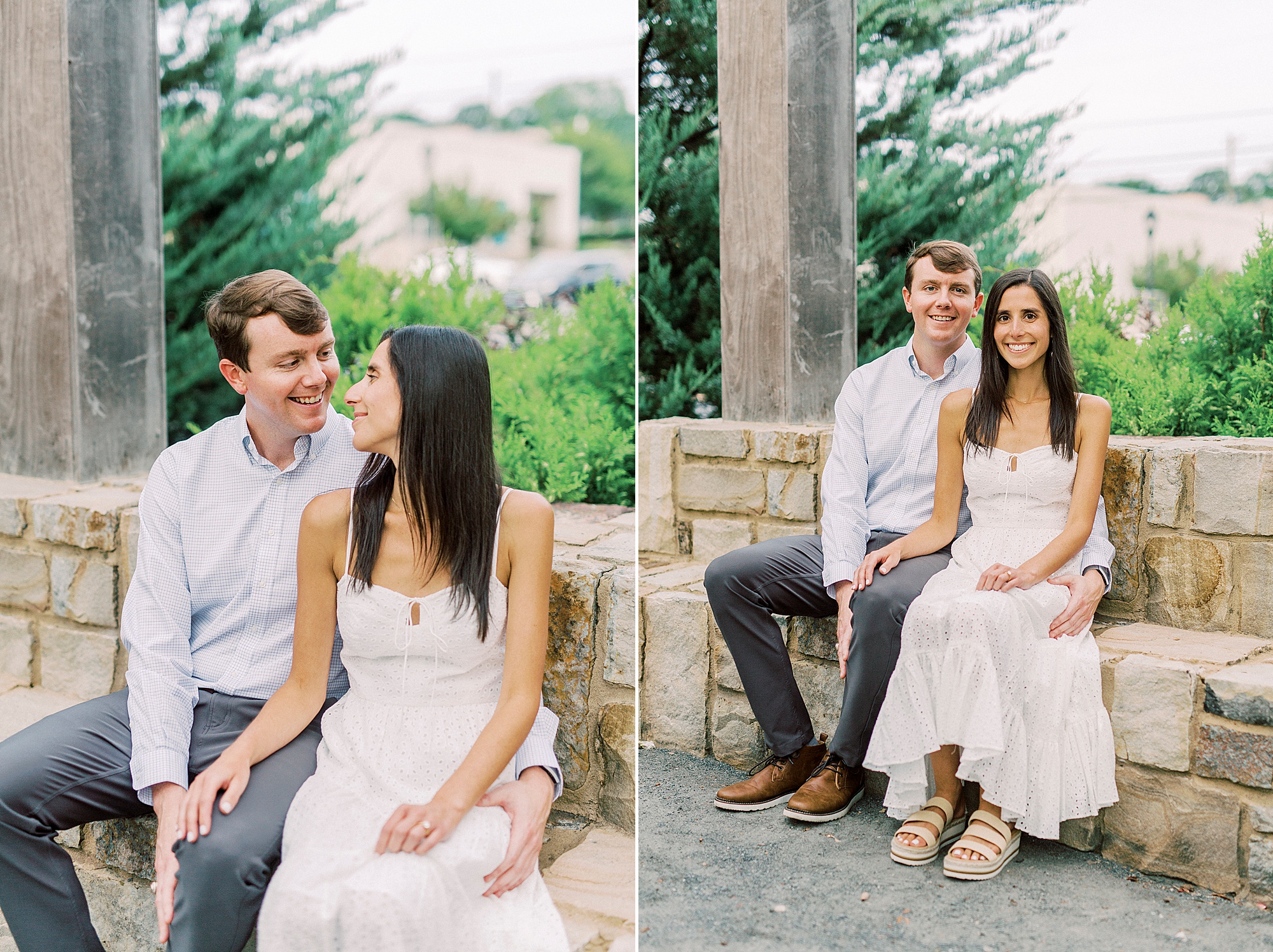 bride and groom sit on stone bench