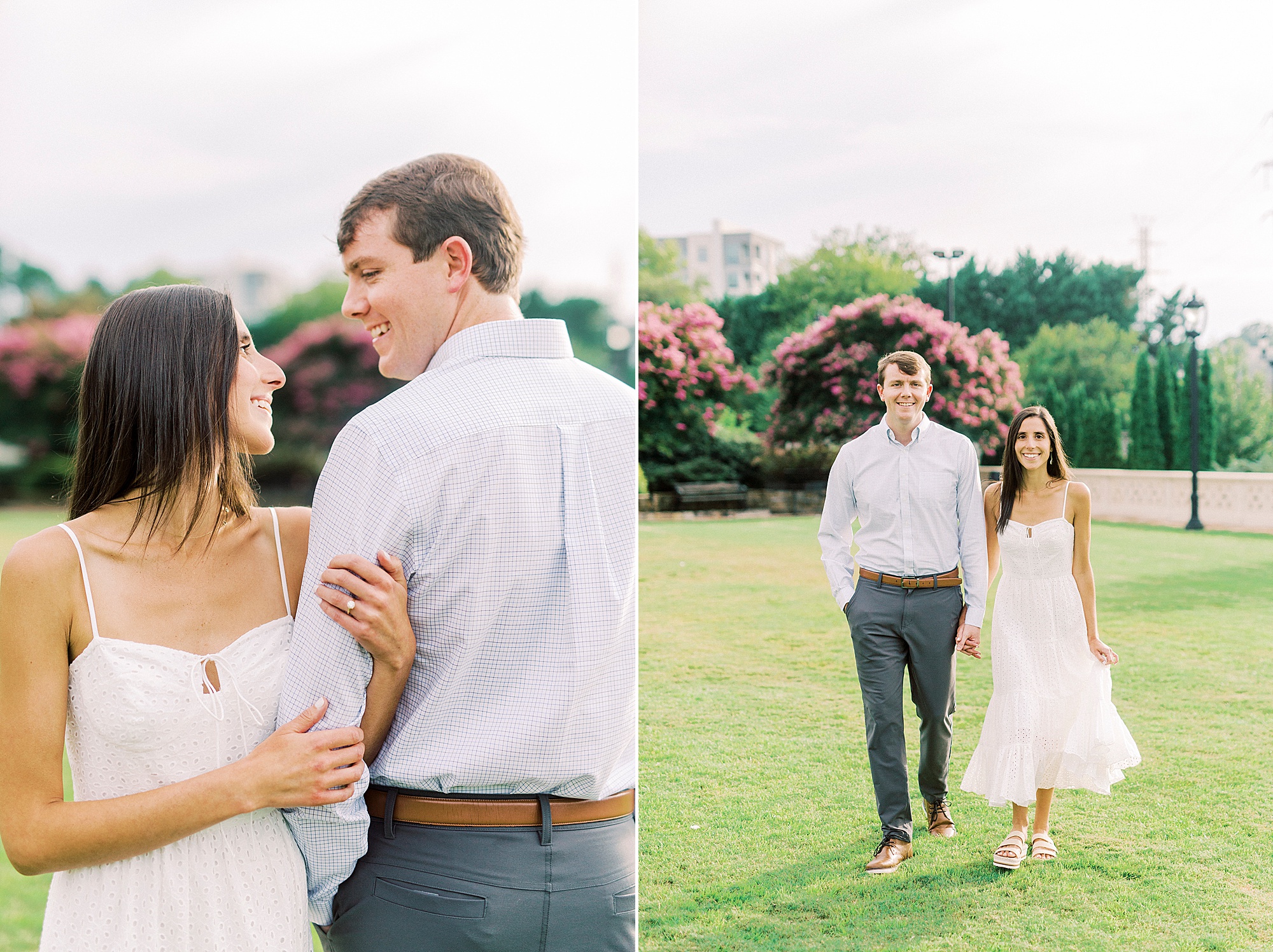 woman hold fiancee's arm during Midtown Park engagement phots in the summer