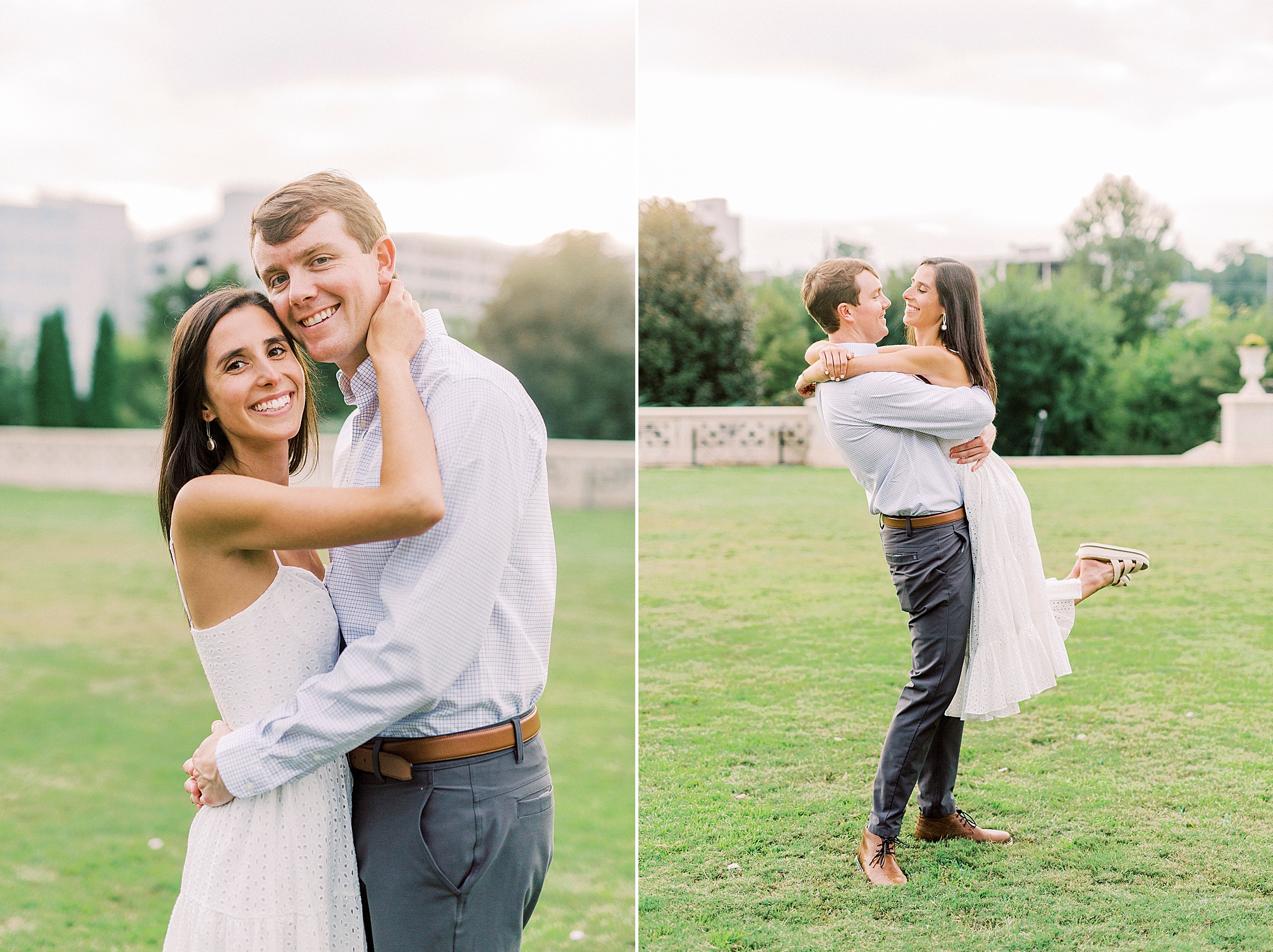 groom lifts bride during Midtown Park engagement session in Charlotte NC