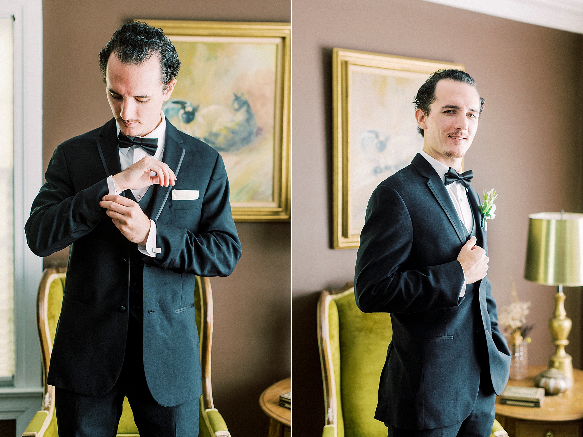 groom adjusts cufflinks during prep for 1812 Hitching Post wedding