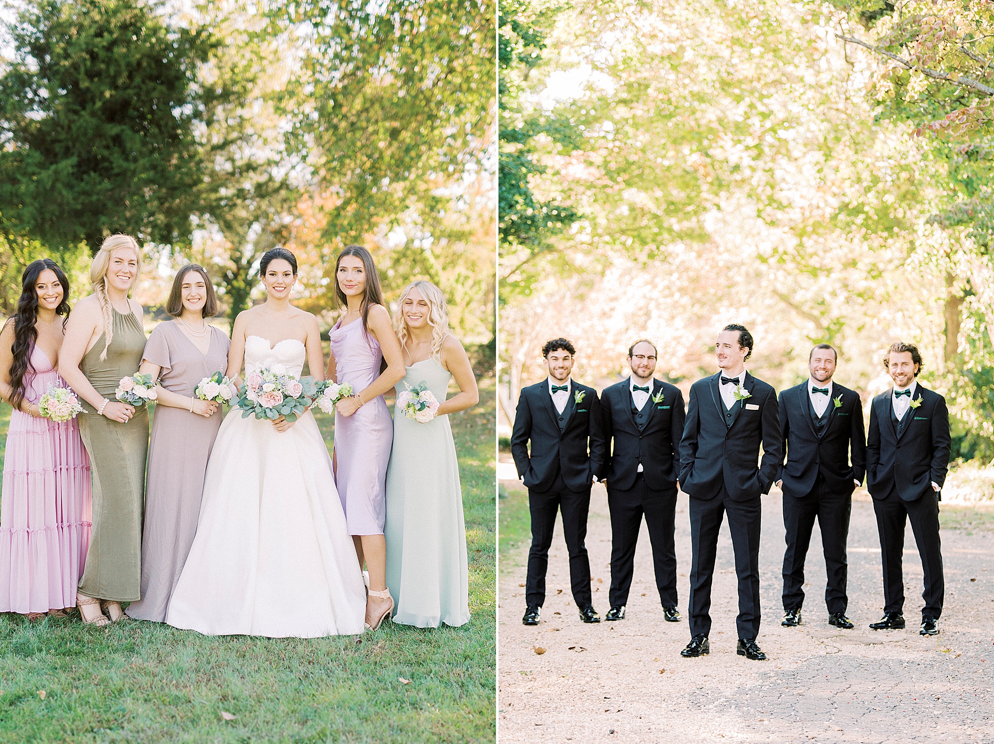 wedding party poses with bride and groom during NC wedding portraits