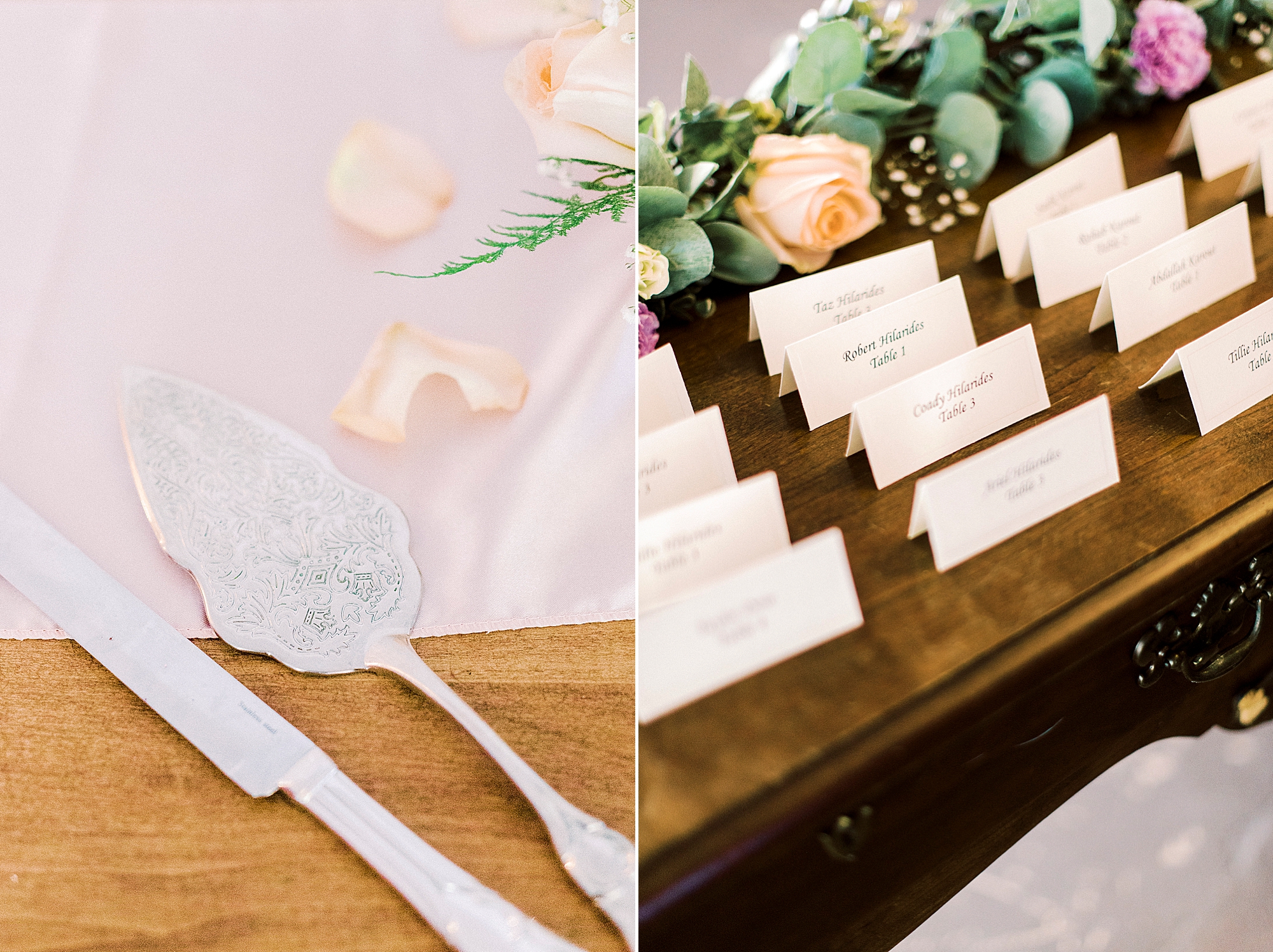 cake cutting tools and seating cards for NC wedding reception
