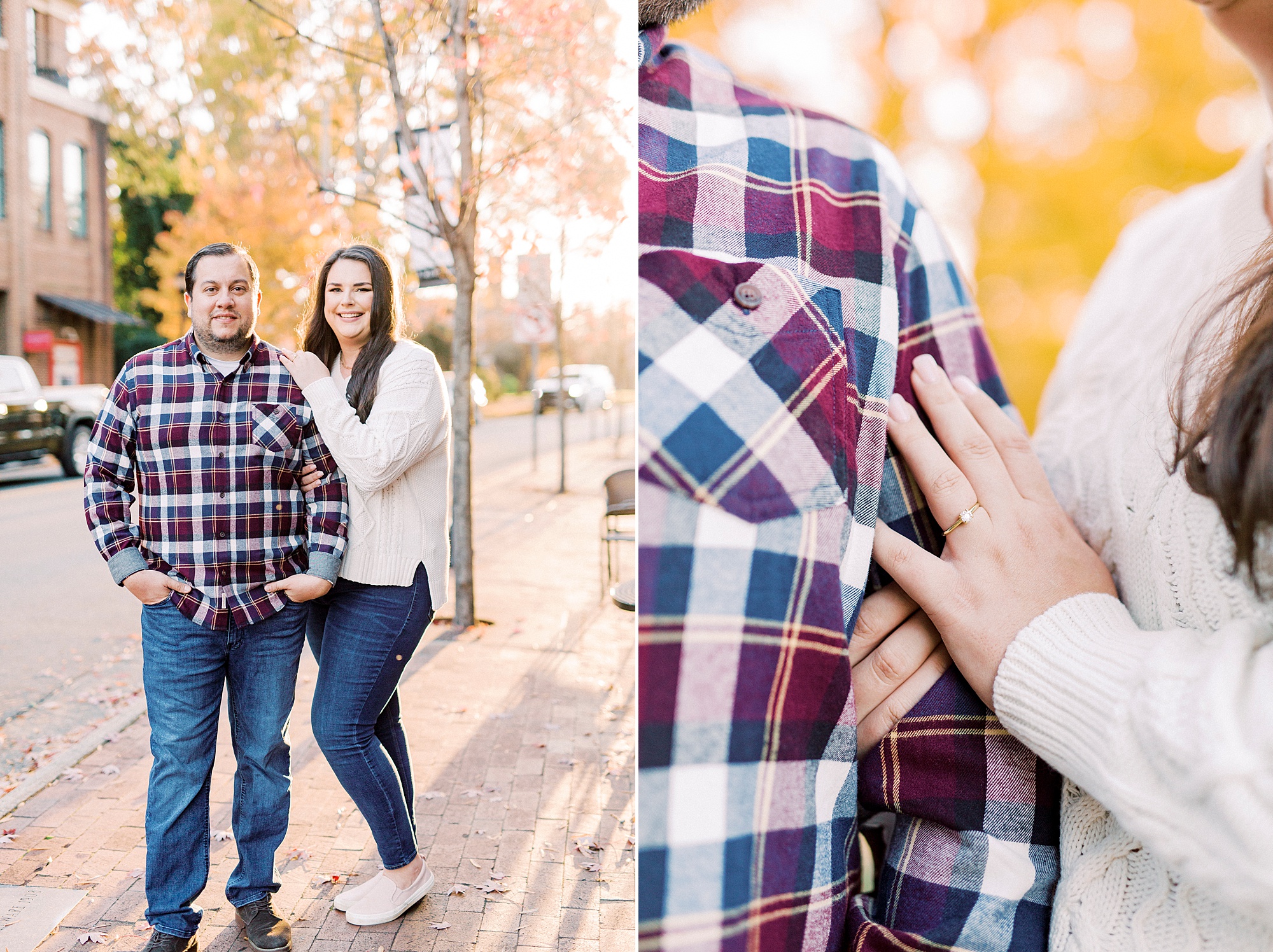 engaged couple poses on sidewalk with bride's hand on groom's arm