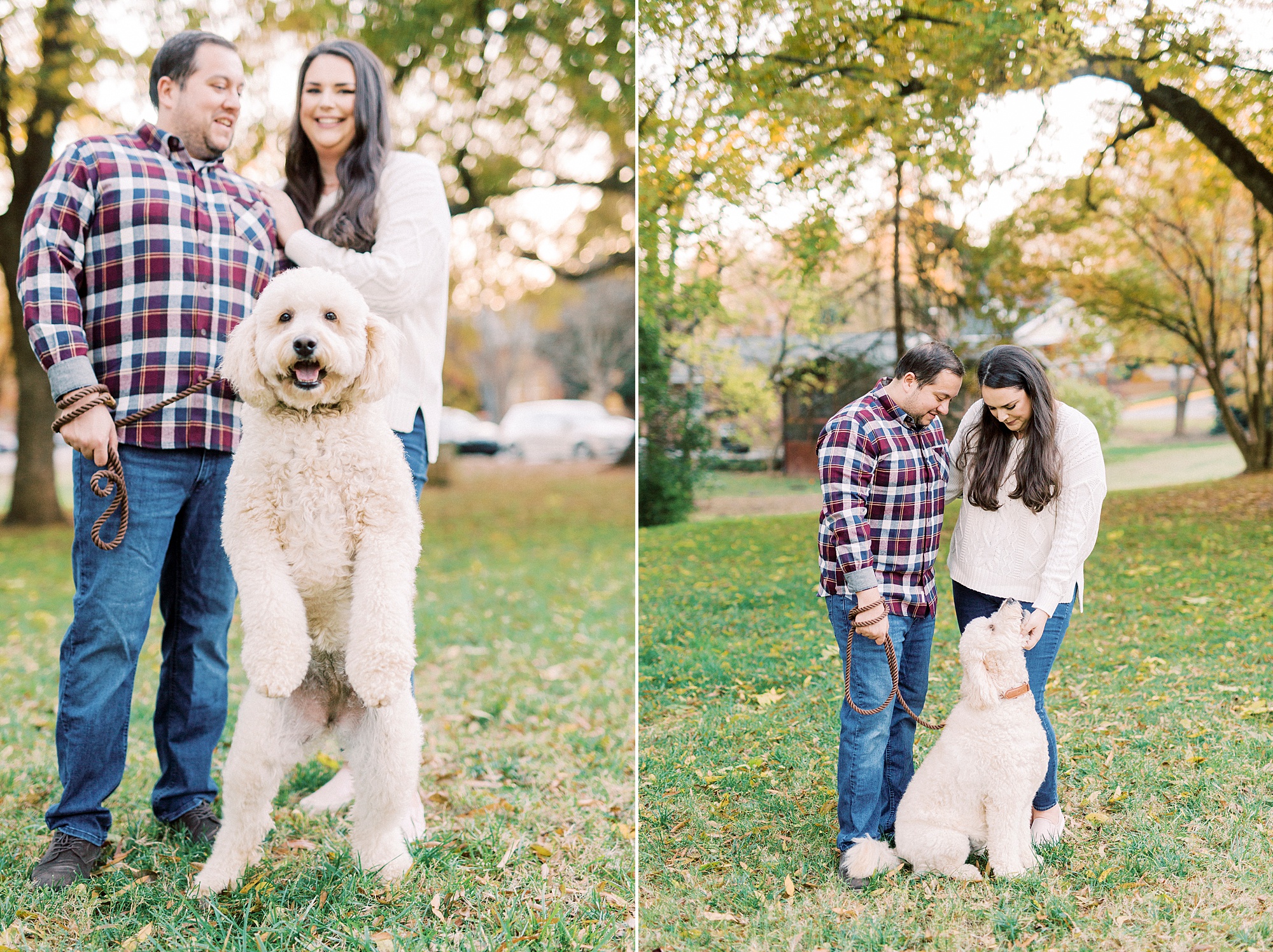 engaged couple plays with dog during fall Downtown Davidson engagement photos