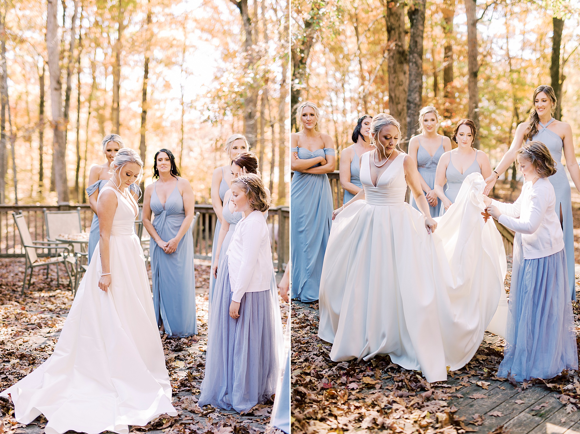 bridesmaids look at bride's wedding gown in the fall