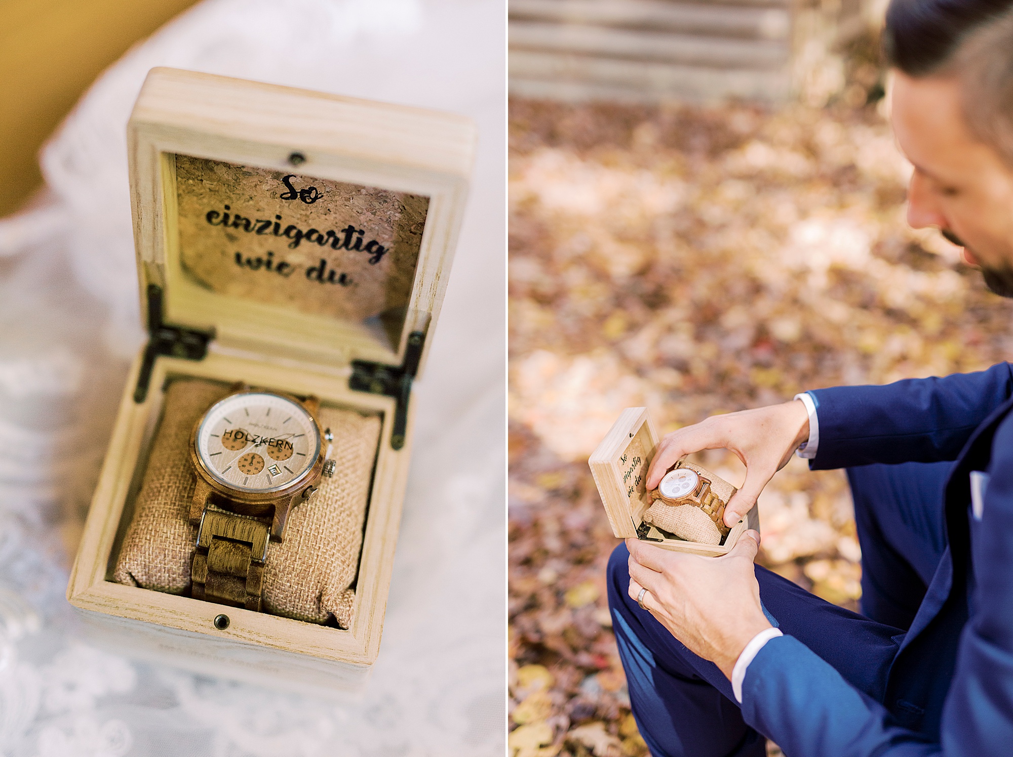 groom opens new watch from bride on wedding day