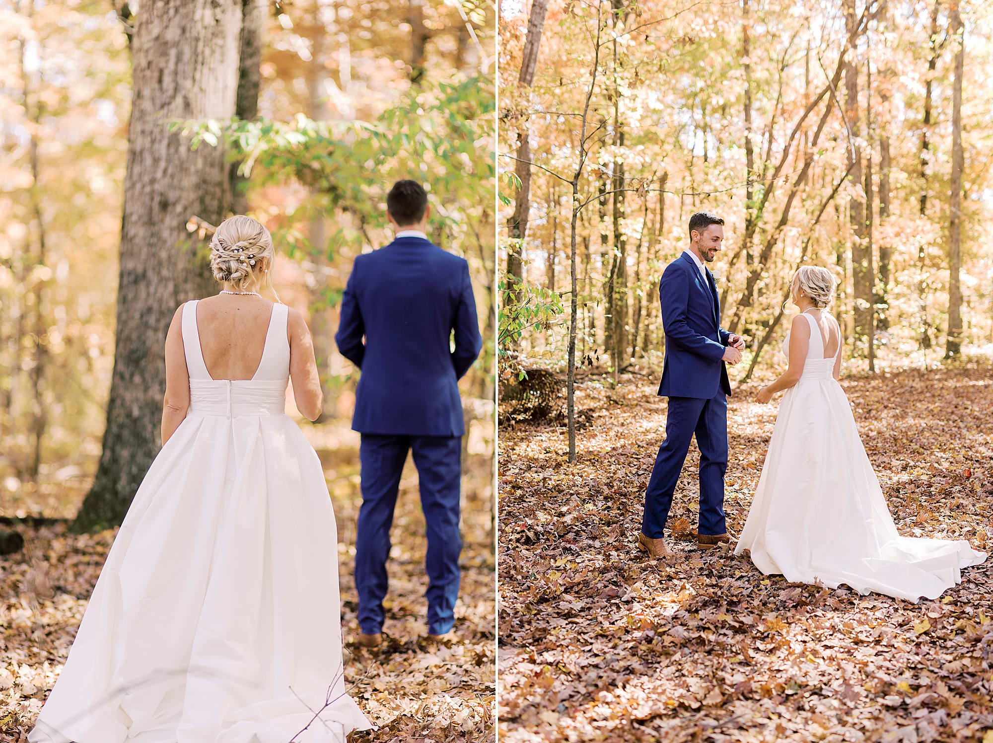 bride and groom have first look before NC wedding day