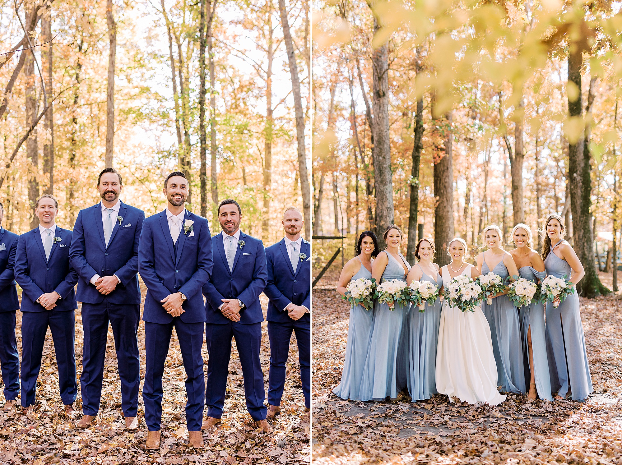 bride and groom pose with wedding party during fall wedding at the Farm at Brusharbor