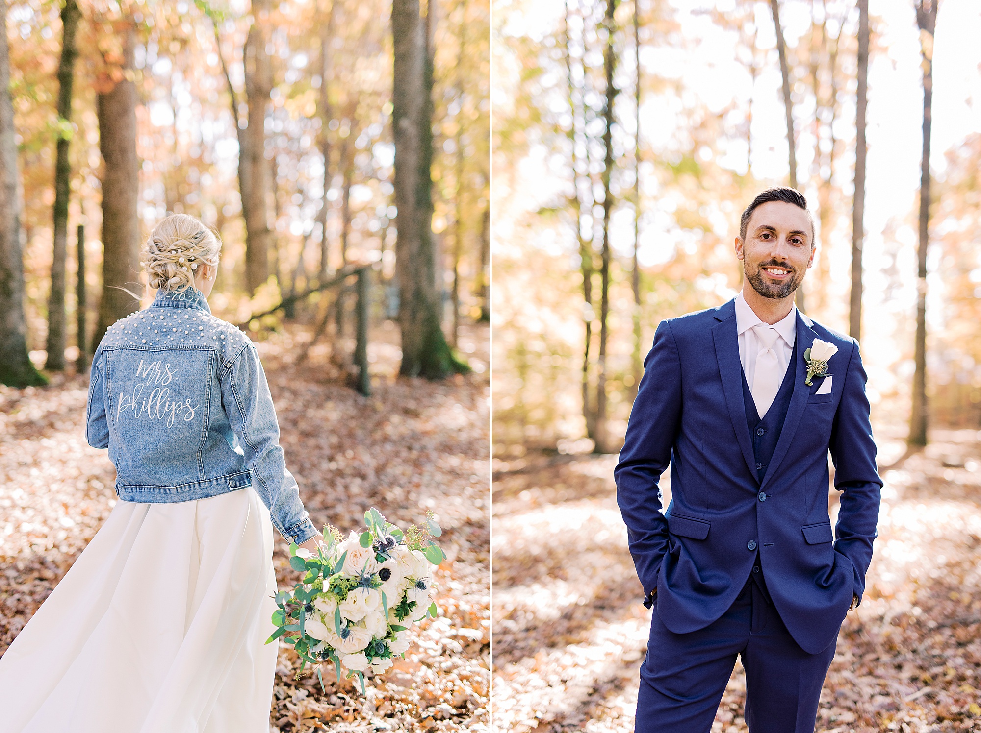 bride and groom pose in the woods during portraits at the Farm at Brusharbor
