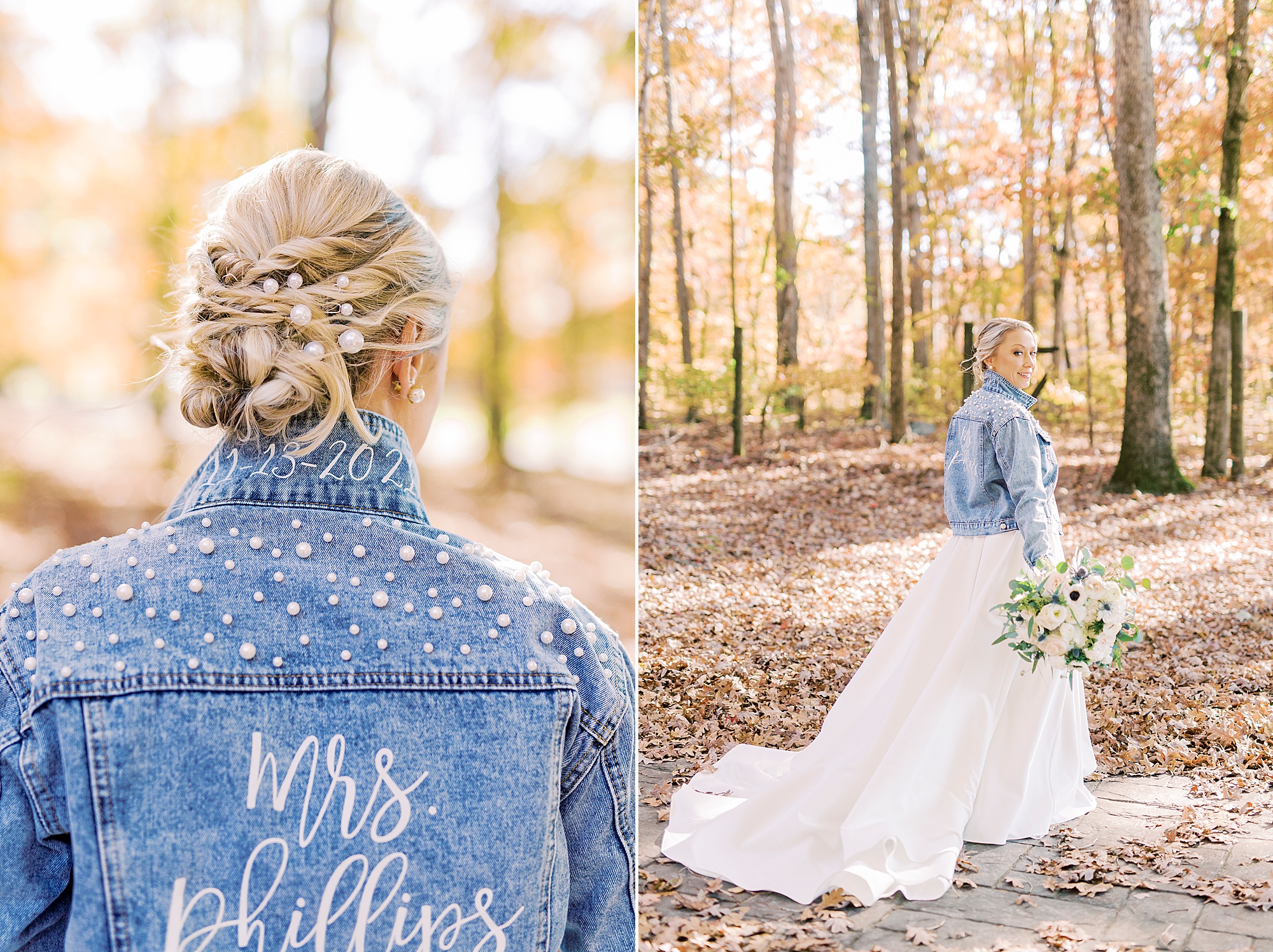 bride poses in woods with jean jacket at the Farm at Brusharbor