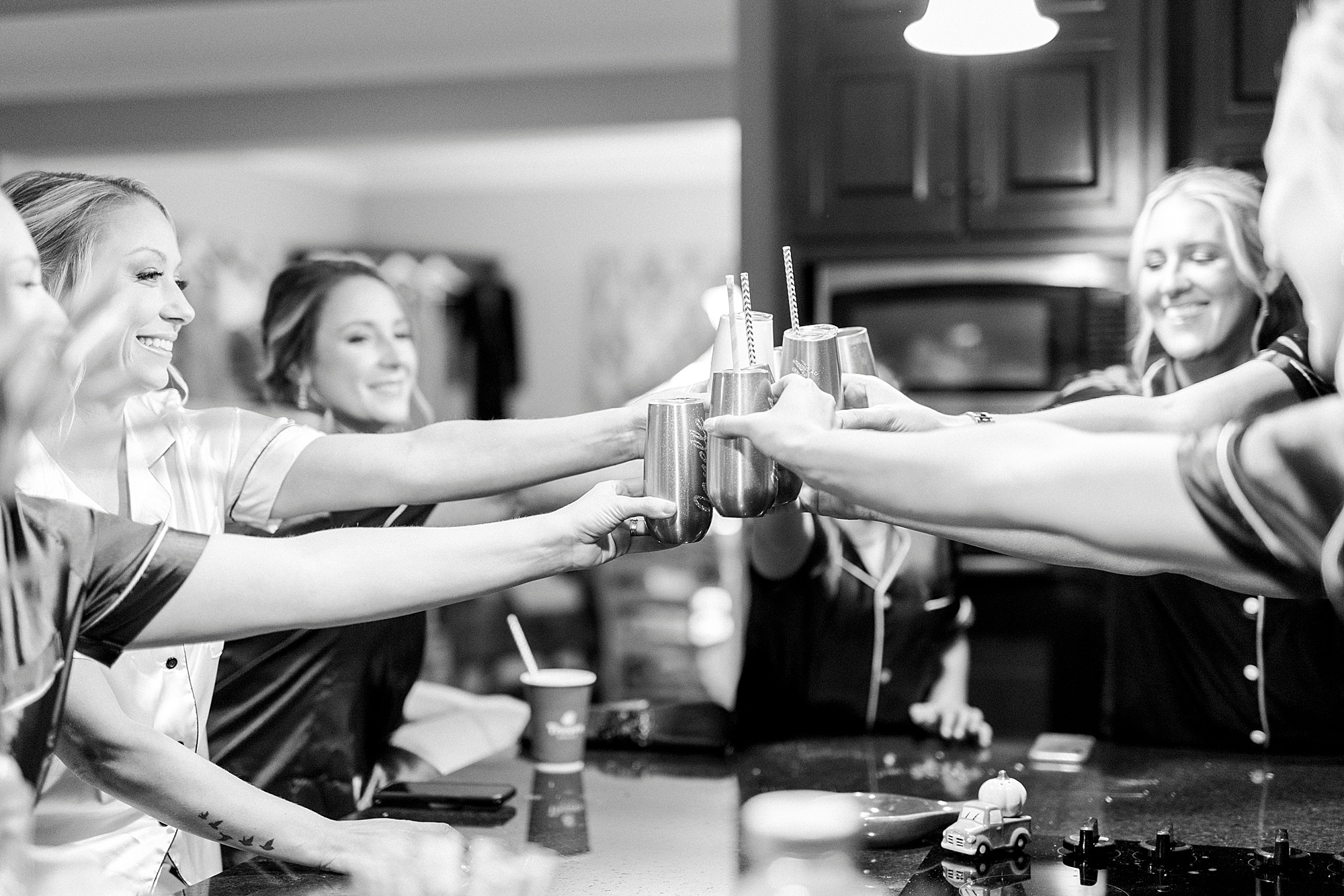 bridesmaids toast during prep for NC wedding day