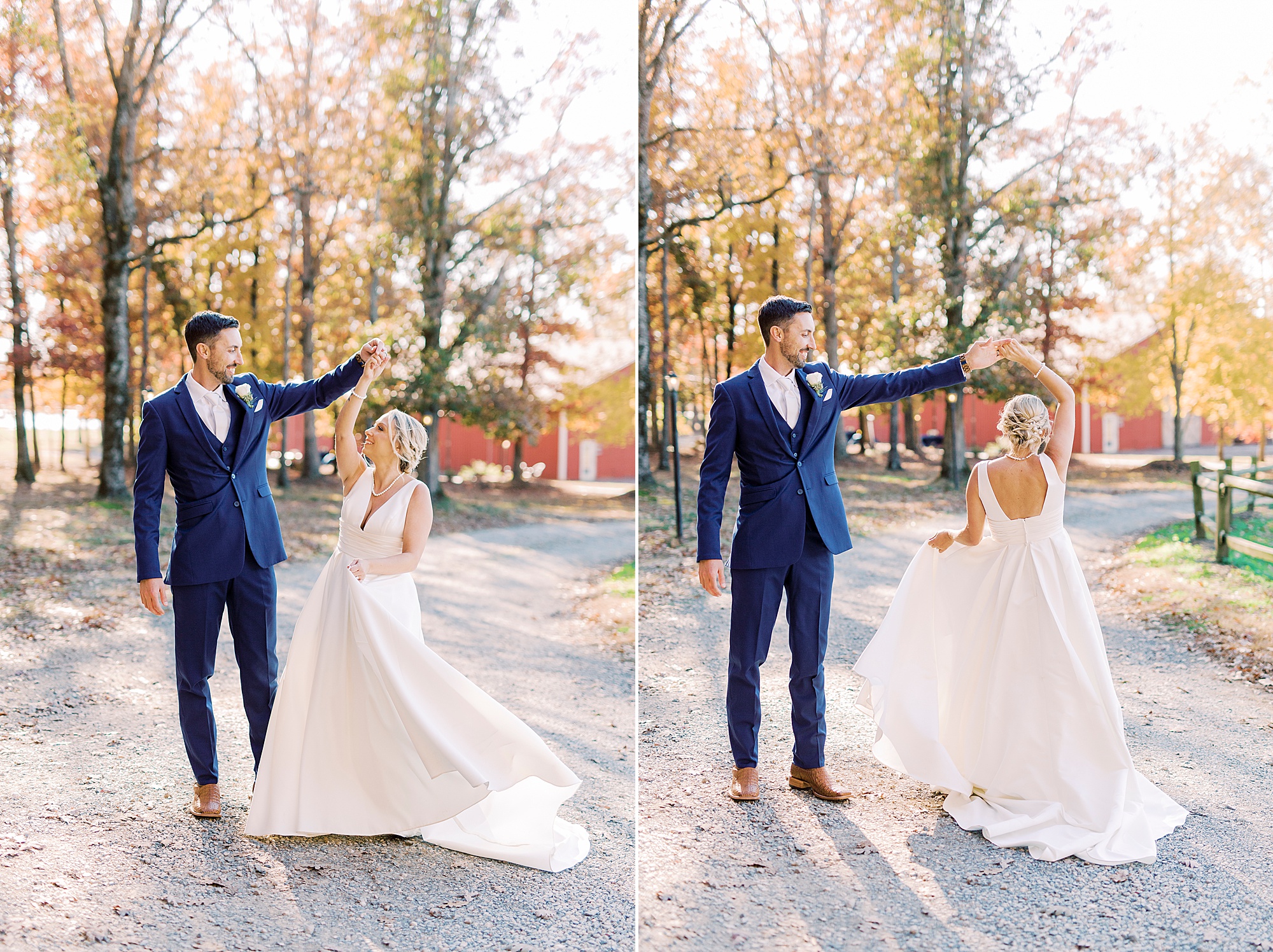 groom twirls bride during fall wedding portraits