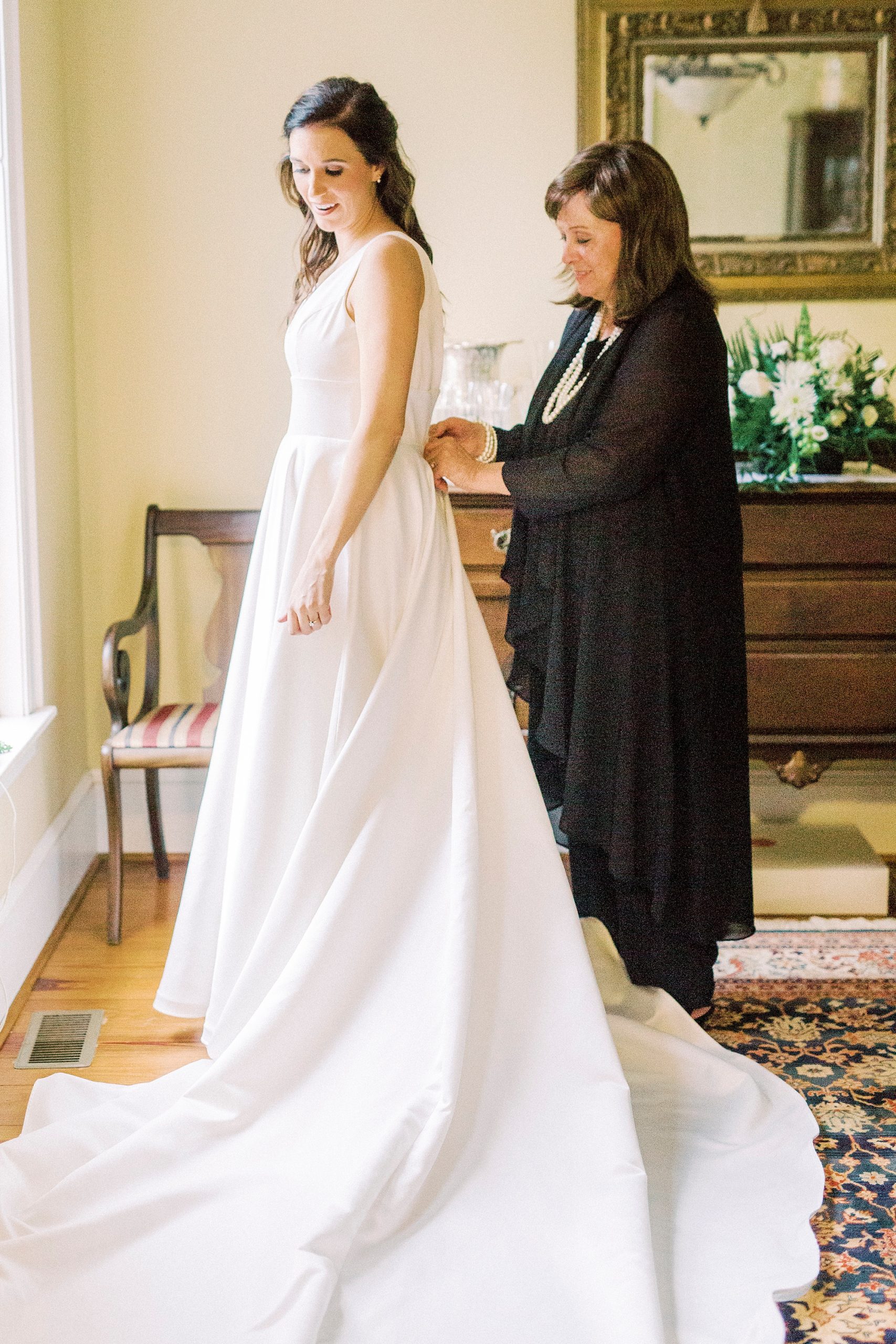 mother and bride prepare for VA wedding day at family farm