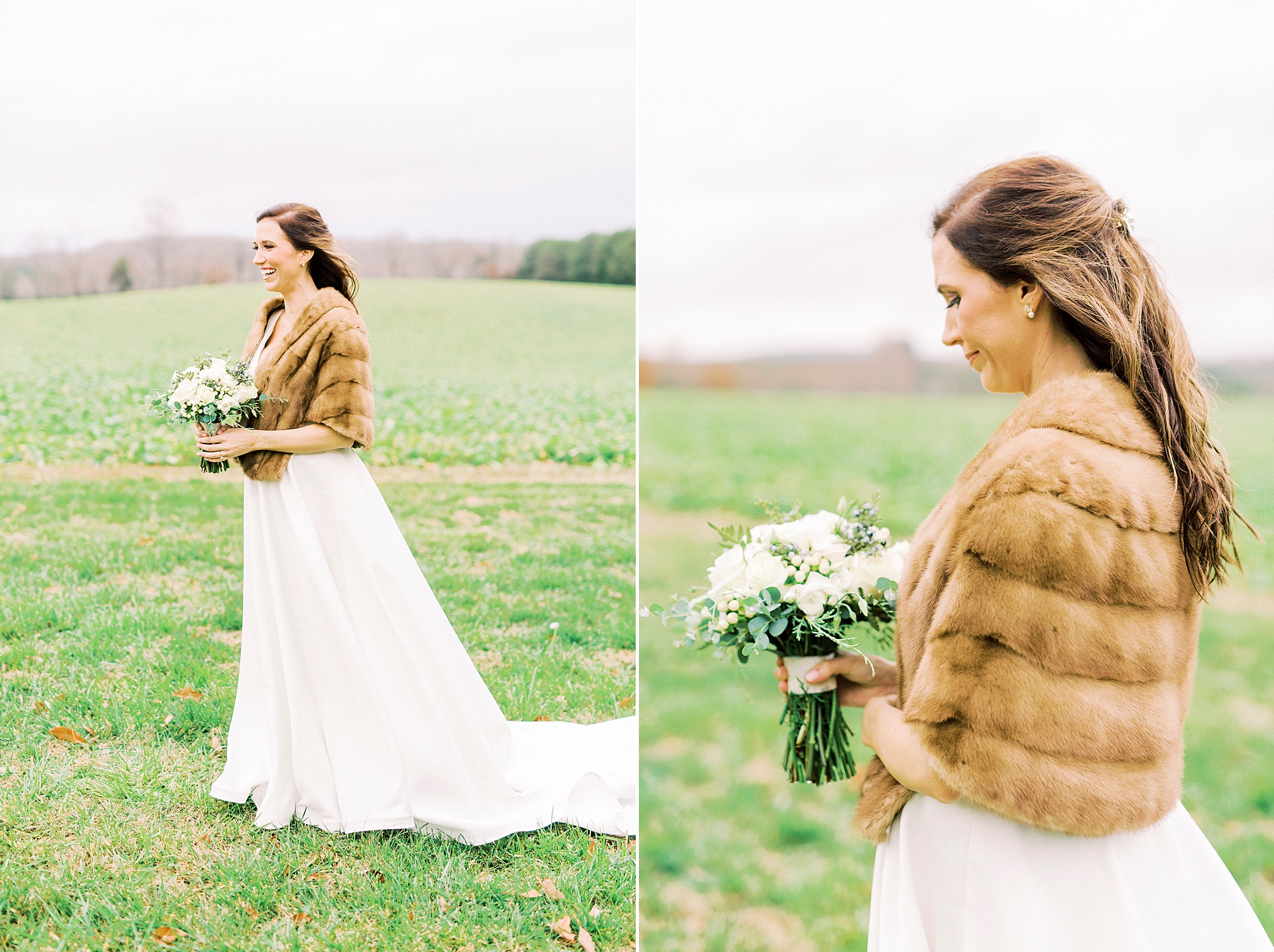 bride holds white bouquet in wedding dress and fur wrap
