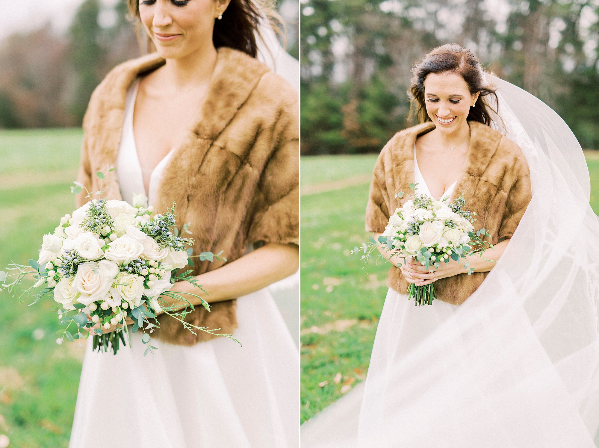 bride holds all white bouquet with veil floating and fur coat