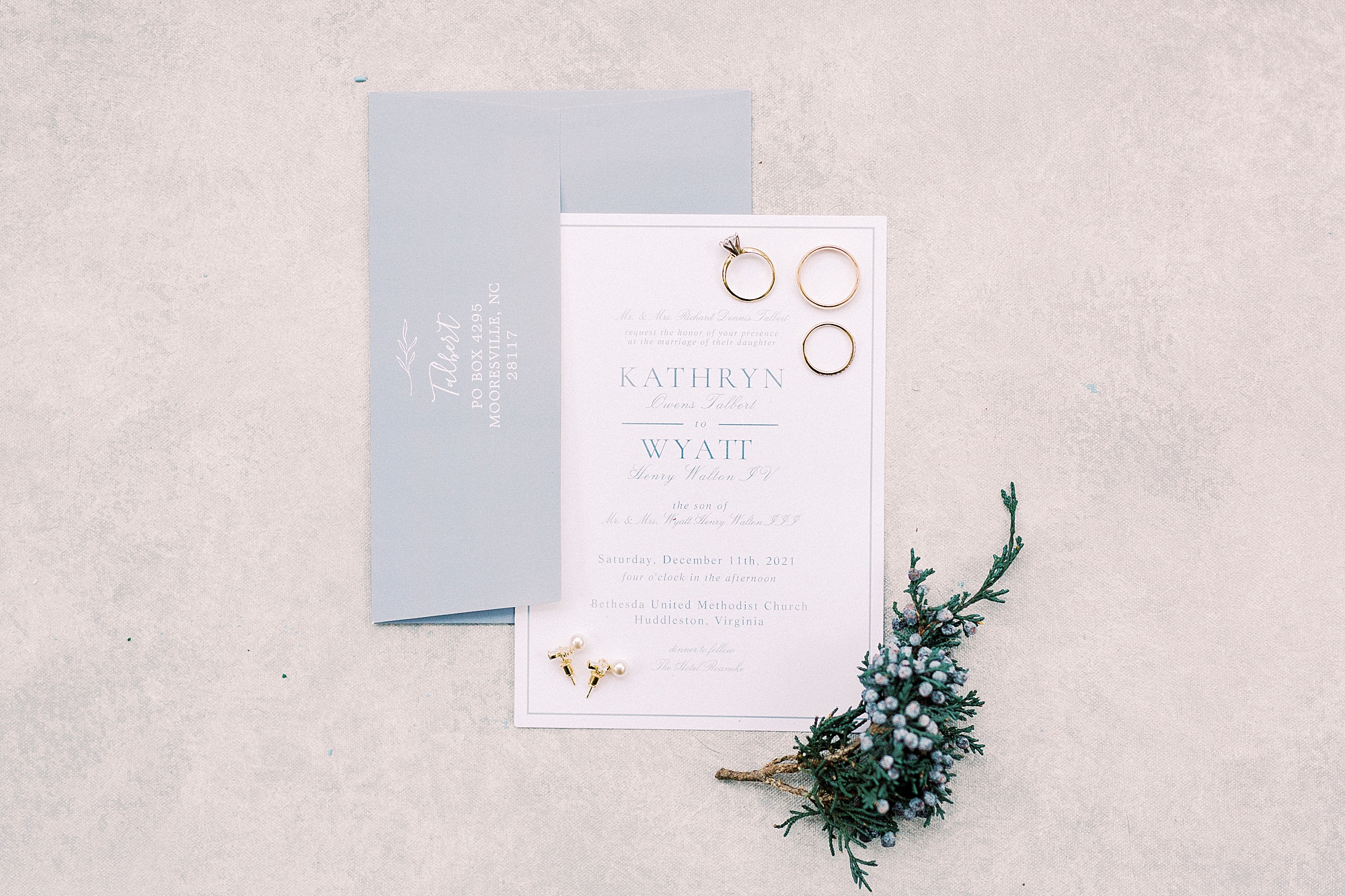 blue and white invitations for intimate winter wedding in Bedford VA