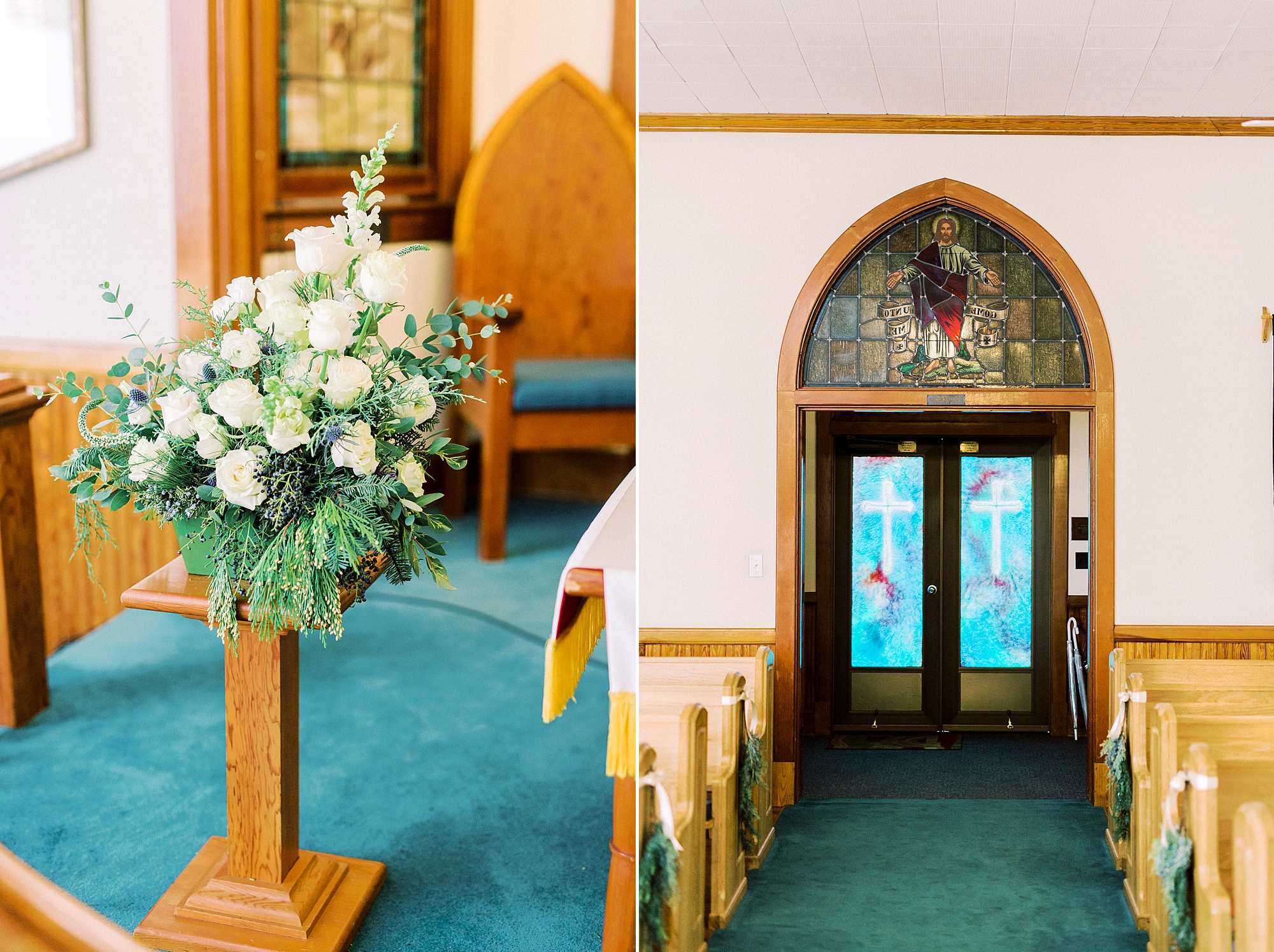 details in Methodist Church for winter wedding