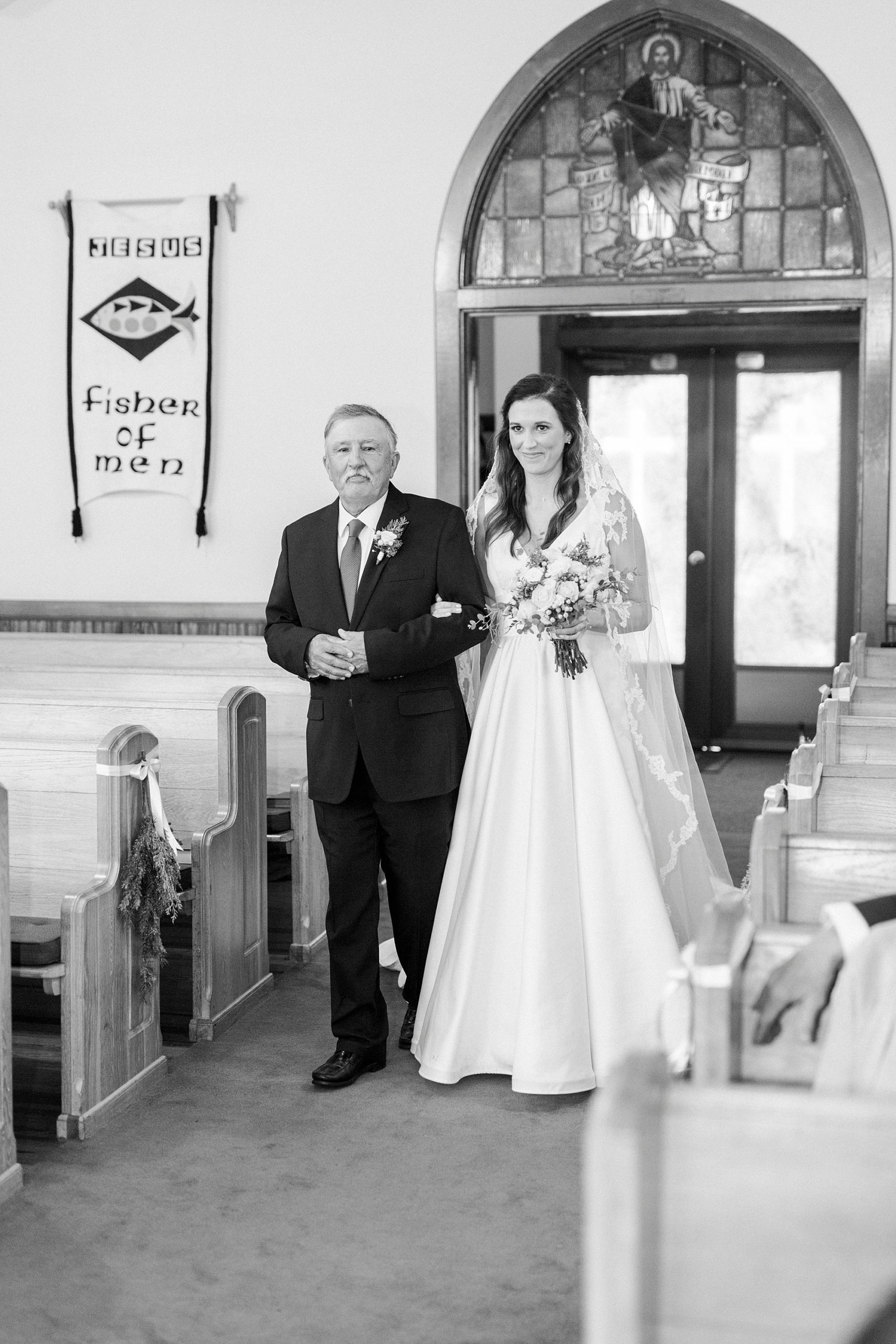 bride walks down the aisle with father for intimate church wedding at Bethesda United Methodist Church