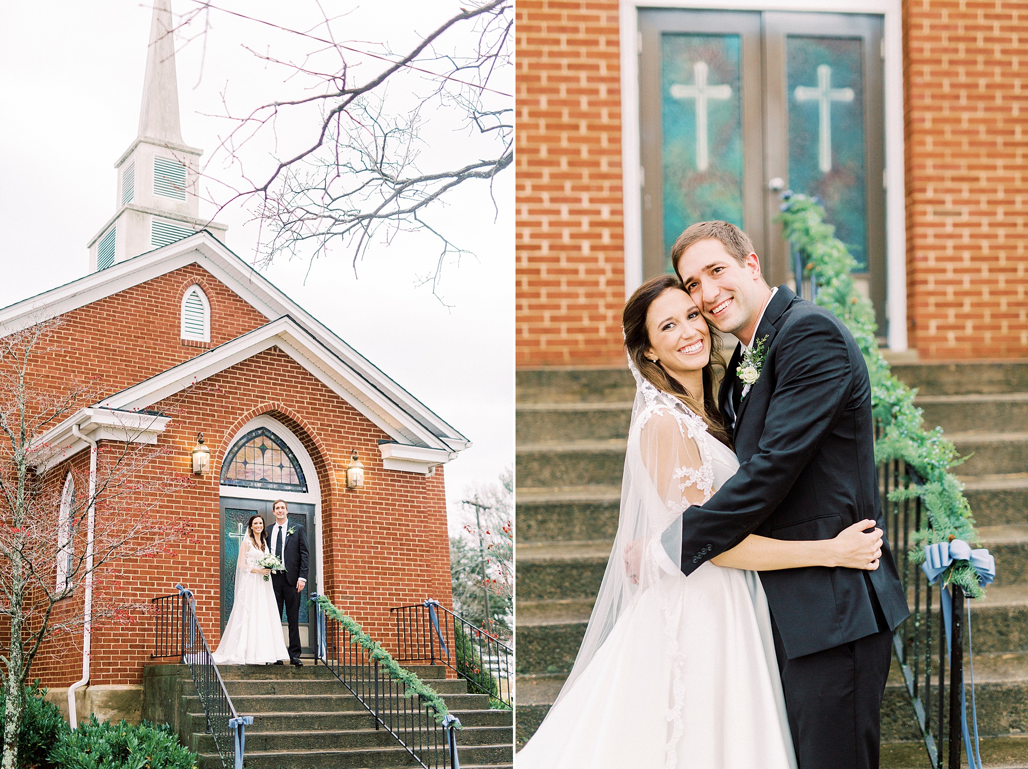 bride and groom hug on front steps of Bethesda United Methodist Church